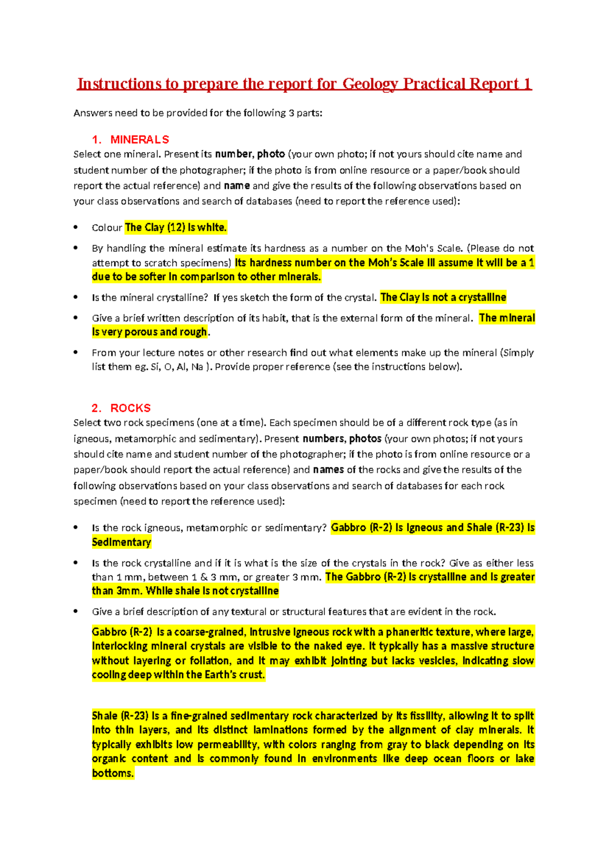 Instructions for Geology Practical Report 1 - New - Instructions to ...