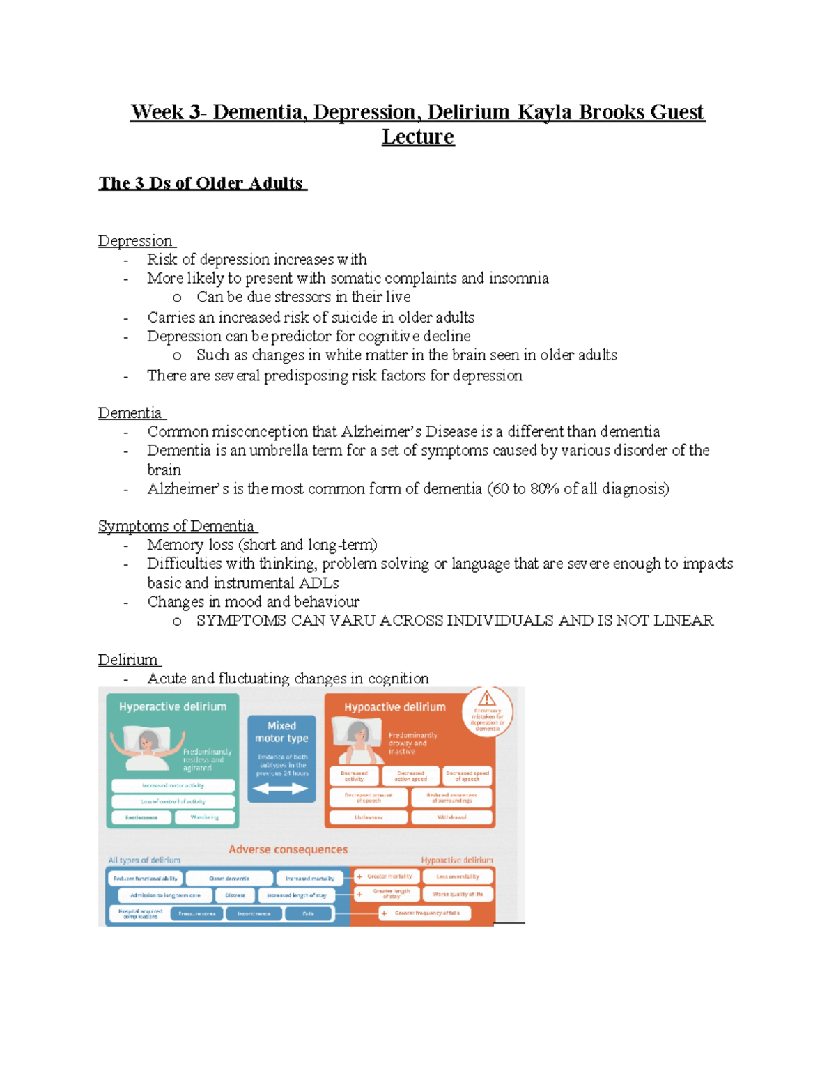 Week 3 - NOTES - Week 3- Dementia, Depression, Delirium Kayla Brooks ...