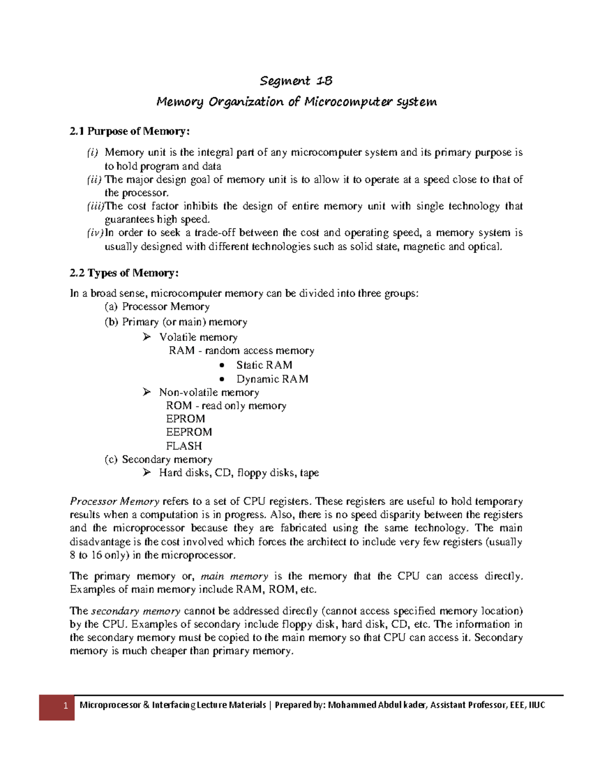 Memory-organization 3 - Segment 1B Memory Organization of Microcomputer ...