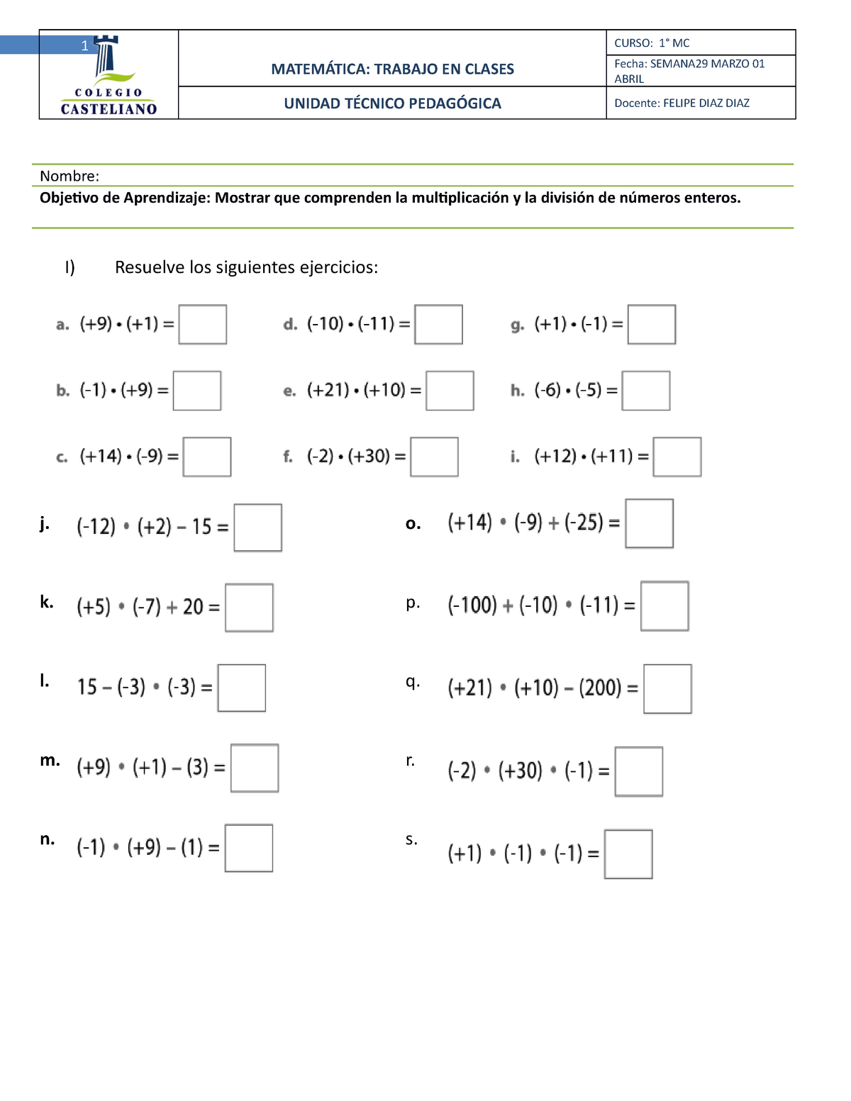 Gu A Repaso Para Eval En Clases Multiplicaci N Y La Divisi N De N Meros Enteros