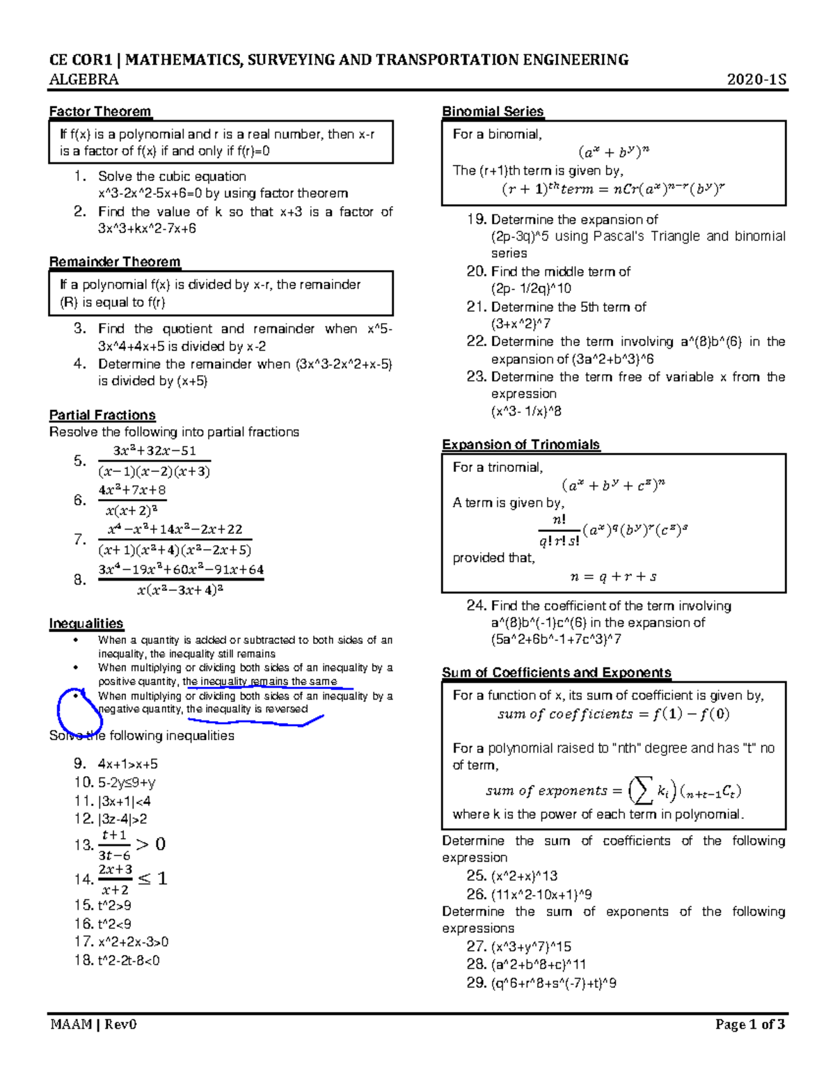 Cecor 1 Algebra Part 2 - Solutions - CE COR1 | MATHEMATICS, SURVEYING ...