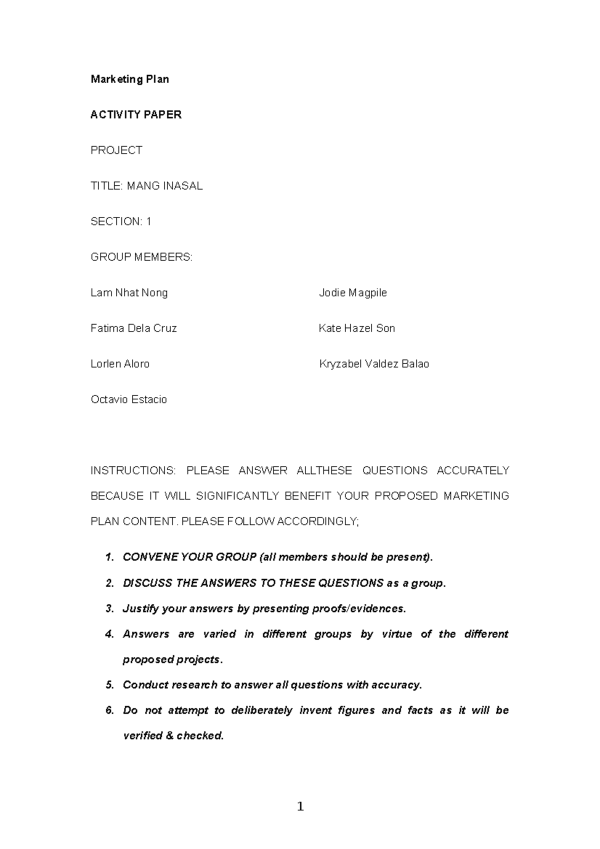 331406258 Marketing Plan Activity Paper - Marketing Plan ACTIVITY PAPER ...