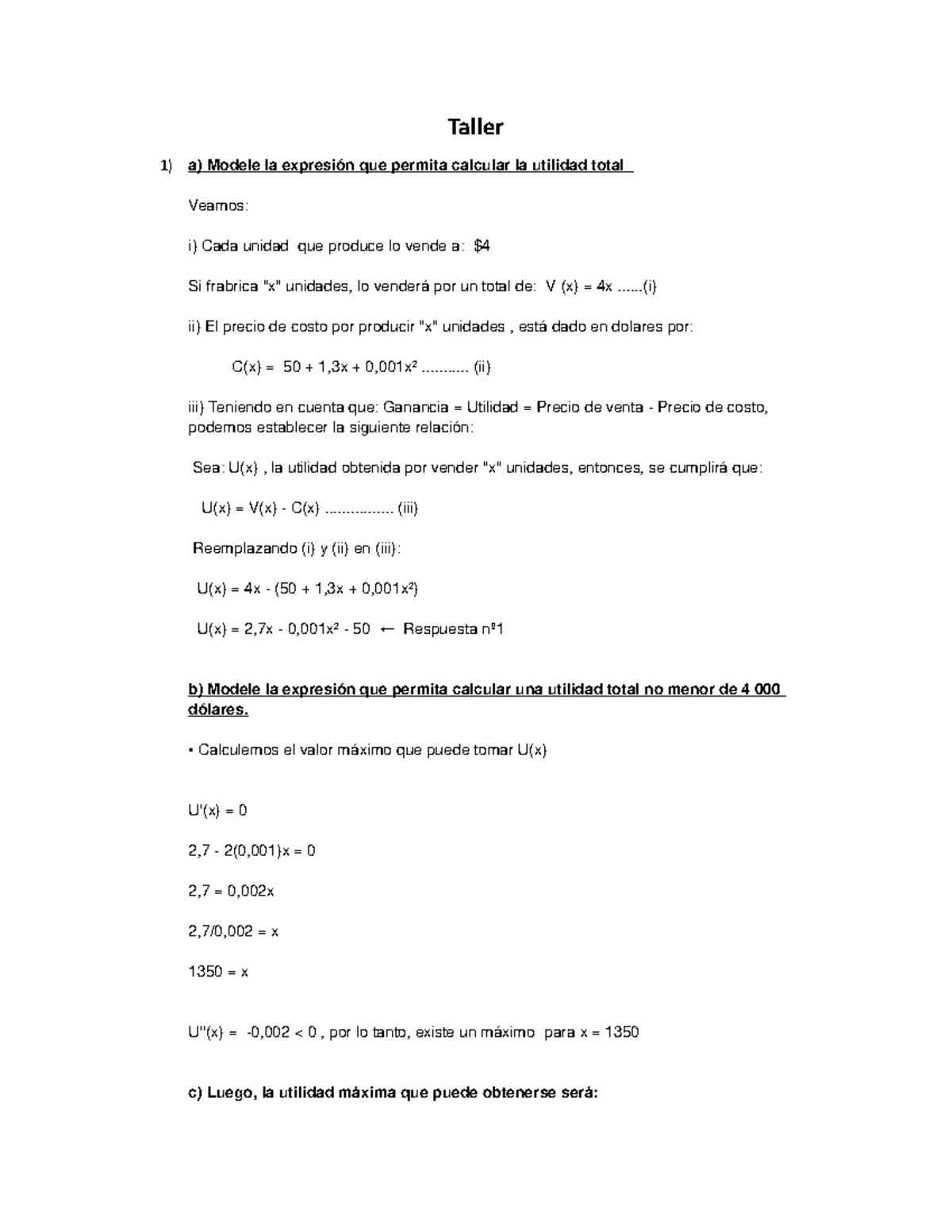 Taller Economia Matematica Ec0311 Eafit Studocu