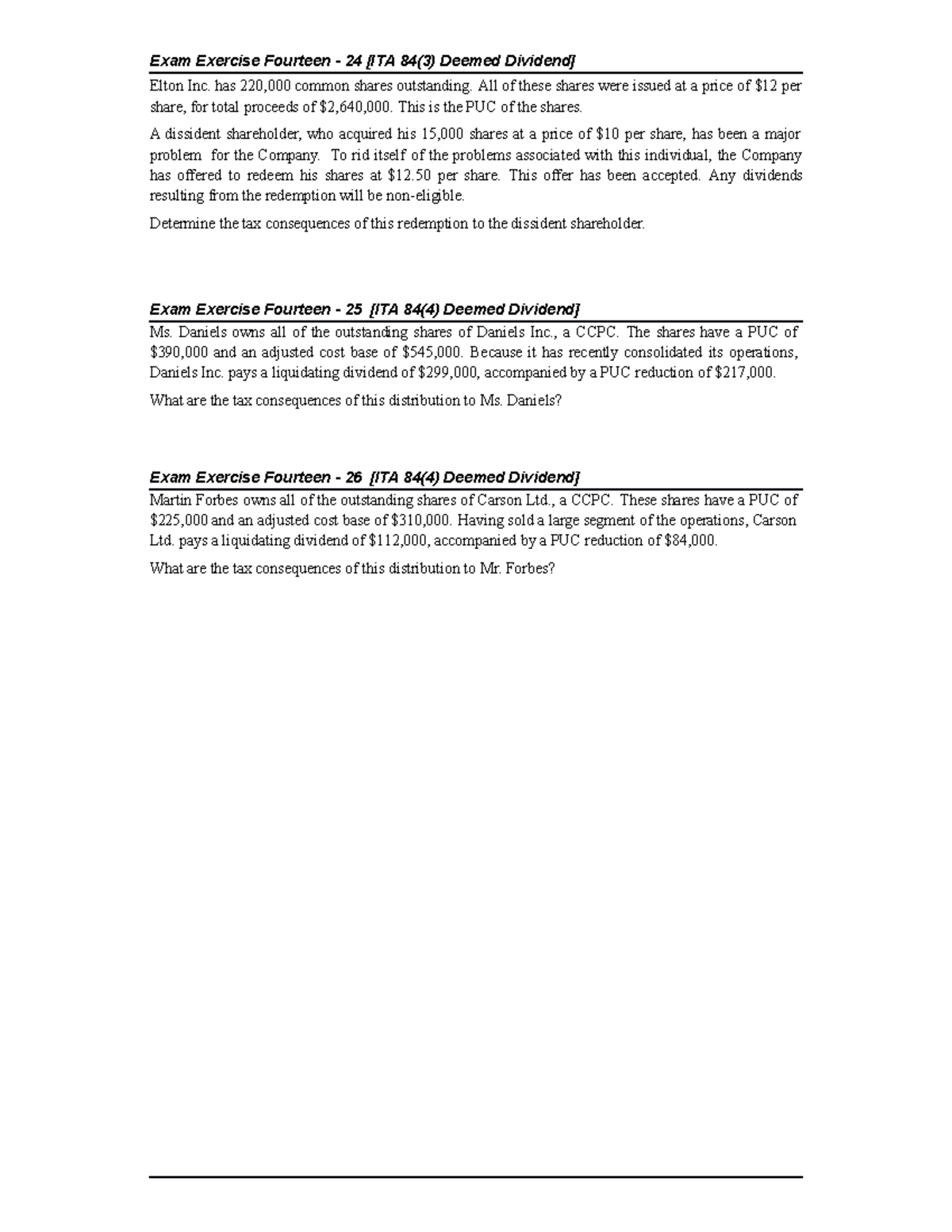 Acct226 Chapter 14 Exam Exercise 9 Exam Exercise Fourteen 24 Ita 84 3 Deemed Dividend Acct226 Chapter 14 Exam Exercise 9 Exam Exercise Fourteen 24 Ita 84 3 Deemed Dividend