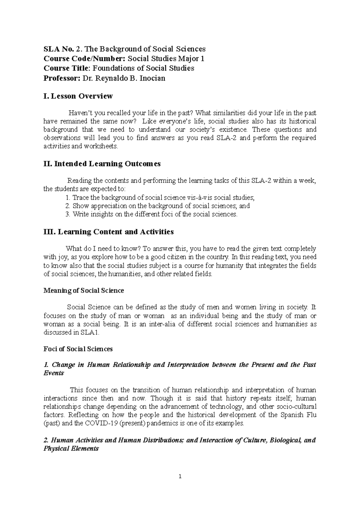 SSM1 M2 - notes in foundation in social studies - SLA No. 2. The ...