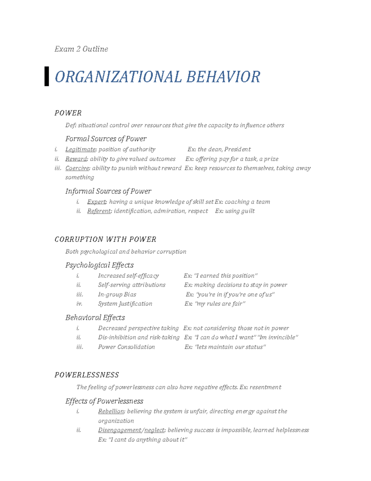 OB Exam 2 Outline - Lecture Notes 10-20 - Exam 2 Outline ORGANIZATIONAL ...