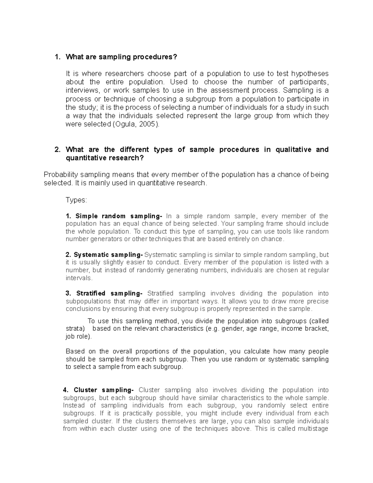 Sampling procedures summary - 1. What are sampling procedures? It is ...