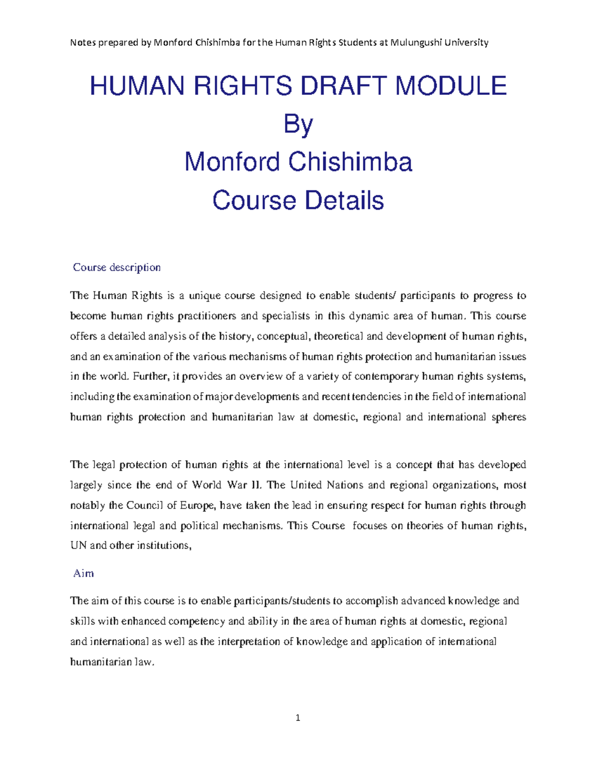 Human Rights Lecture NOTE UNIT 1 & 2 - HUMAN RIGHTS DRAFT MODULE By ...