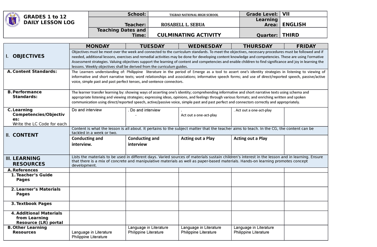 DLL 3rd Qrtr Week 10 - Daily Lesson Logs for Grade 7 - GRADES 1 to 12 ...