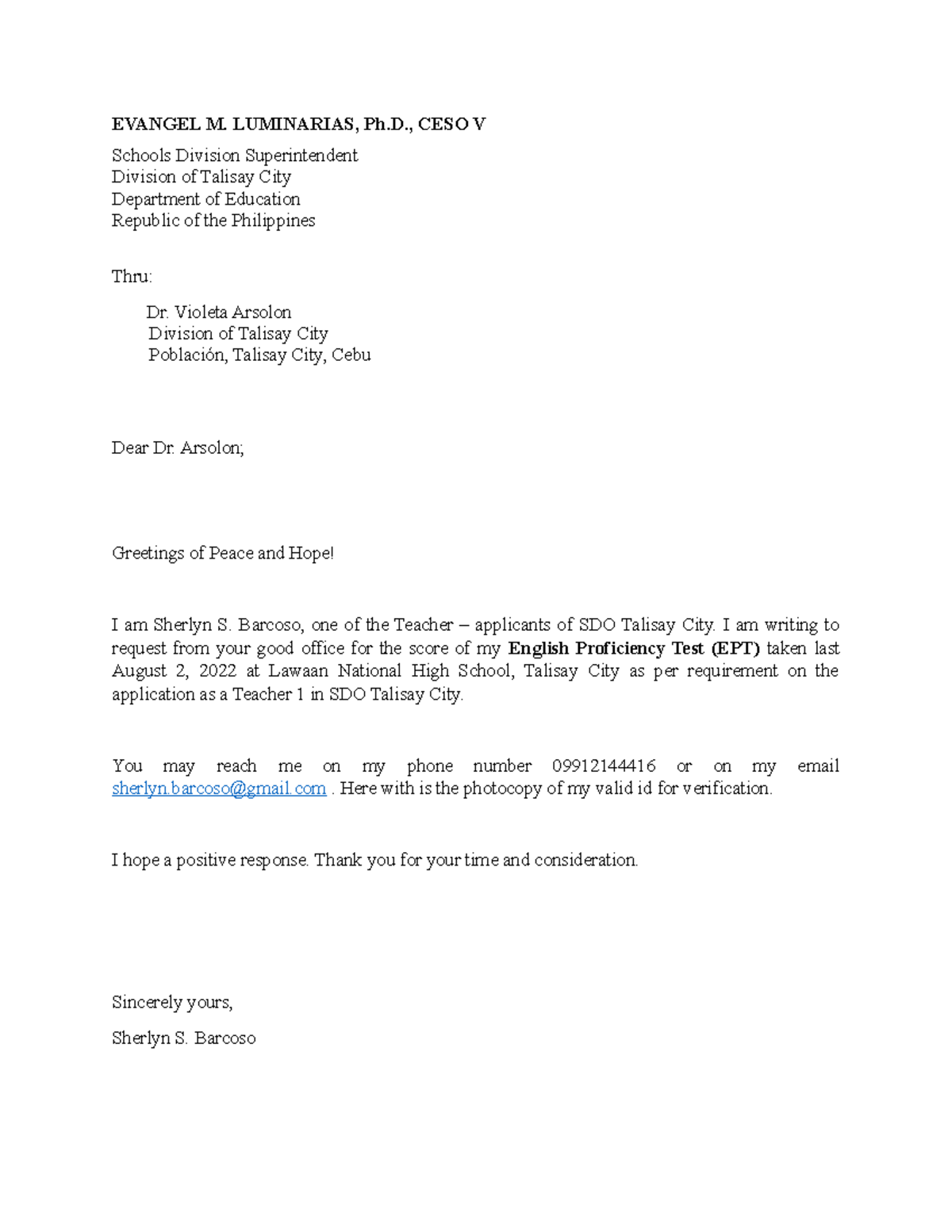 Letter - CDCAS - EVANGEL M. LUMINARIAS, Ph., CESO V Schools Division ...