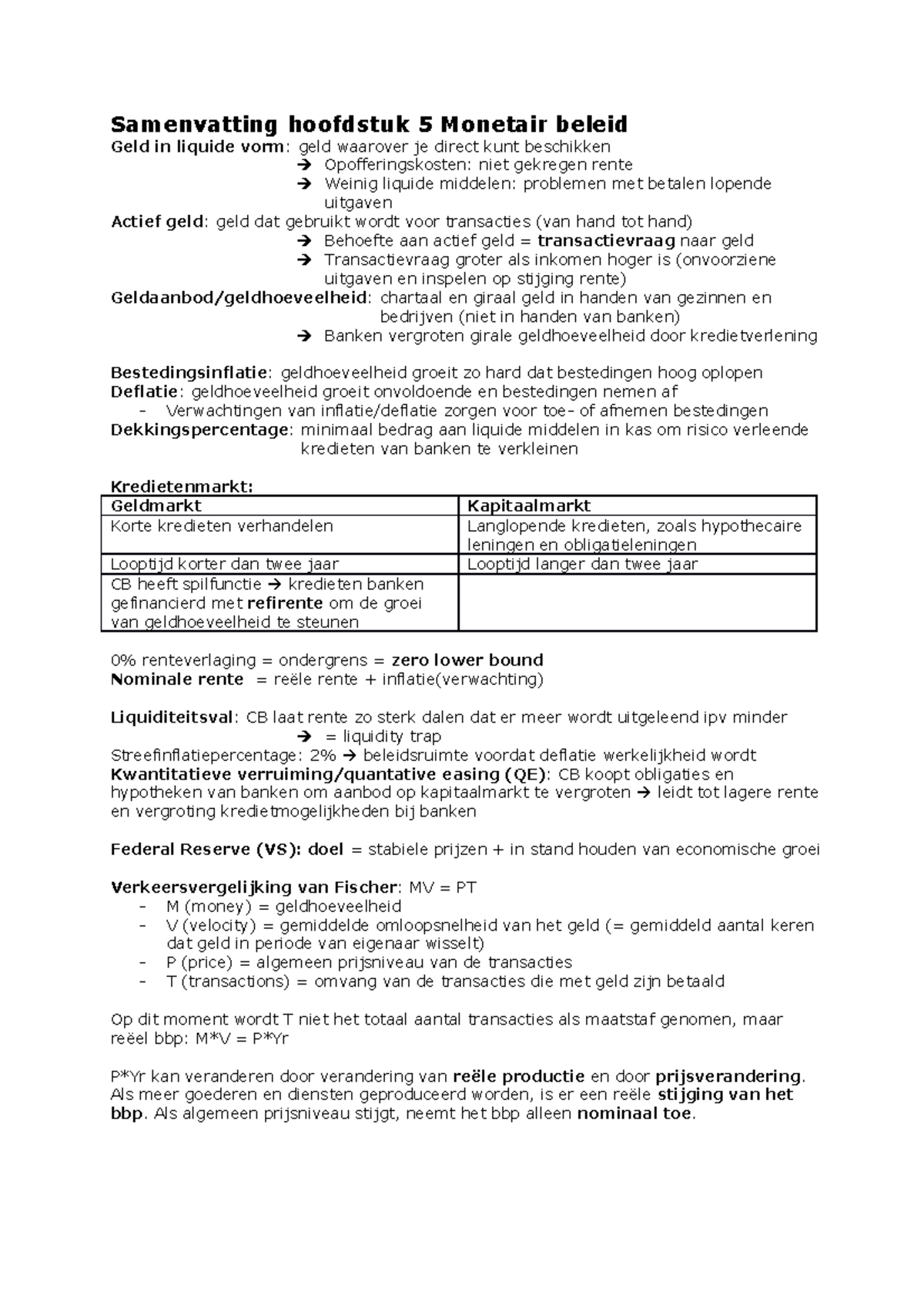 Economische Crisis Hoofdstuk 5 Monetair Beleid - Samenvatting Hoofdstuk ...