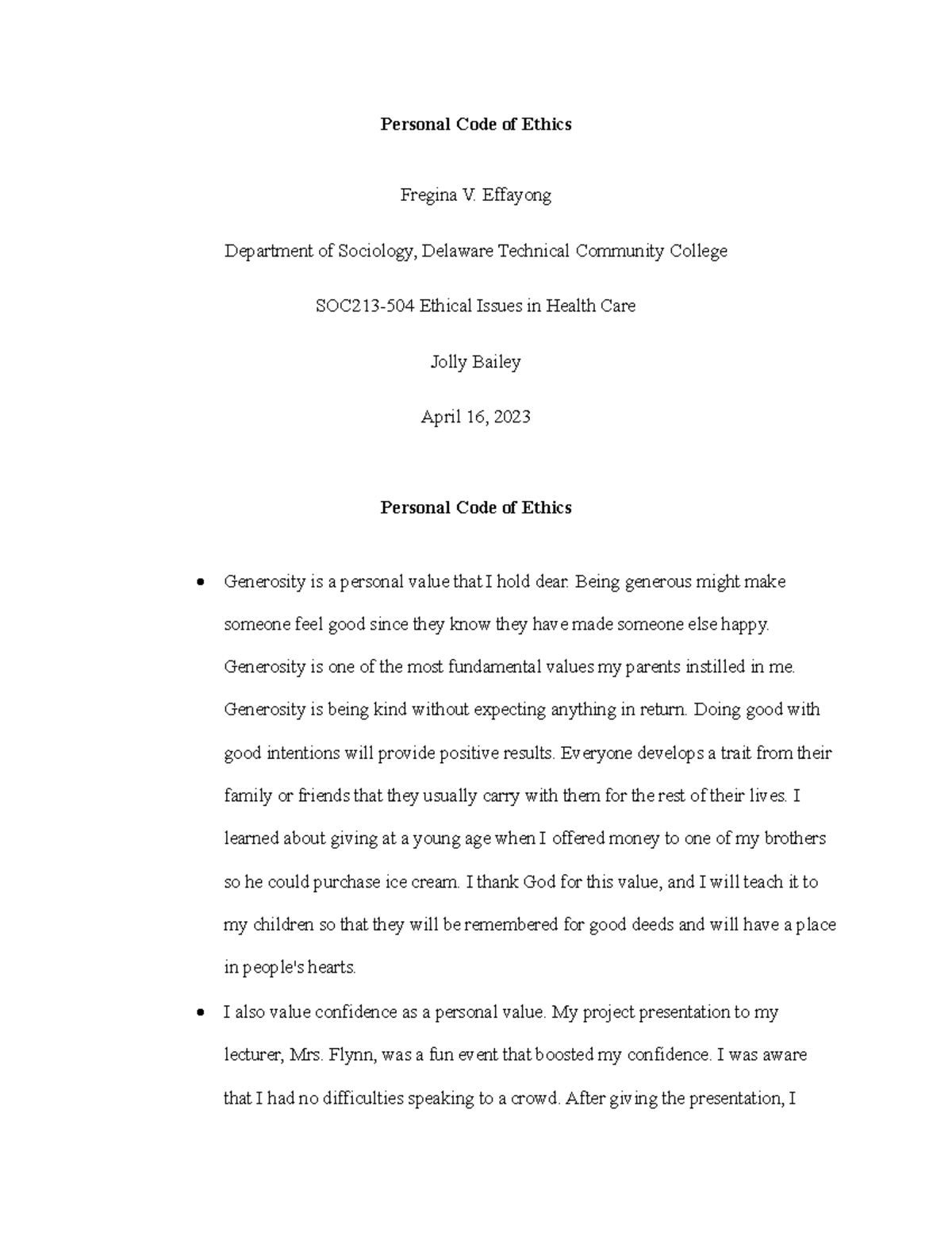 Personal code of ethics - Personal Code of Ethics Fregina V. Effayong ...