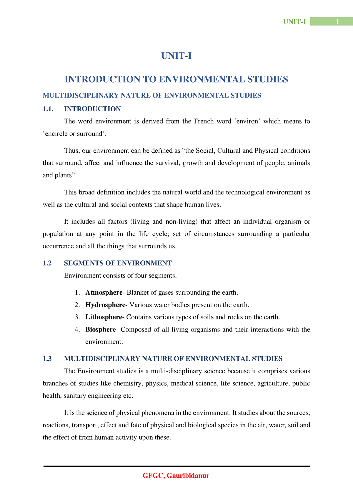 EVS UNIT 1 - Evs - UNIT-I 1 UNIT-I INTRODUCTION TO ENVIRONMENTAL STUDIES MULTIDISCIPLINARY ...