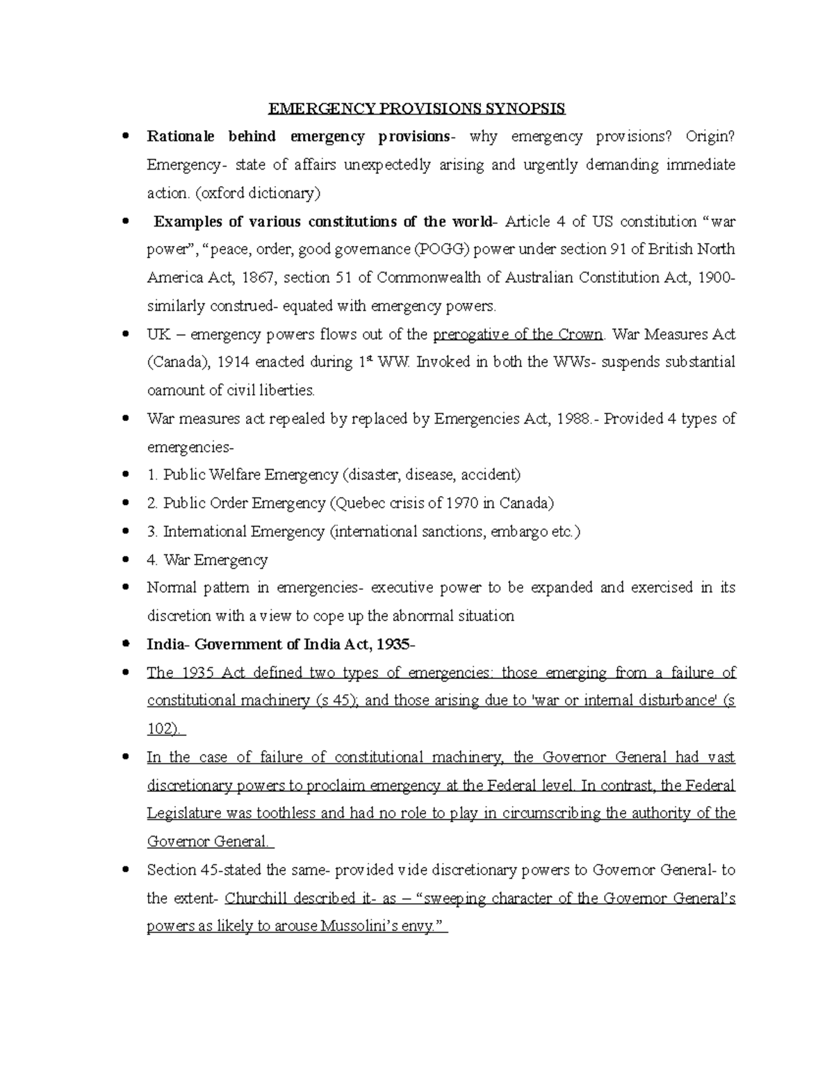 Emergency provisions (oxford dictionary) Examples of various