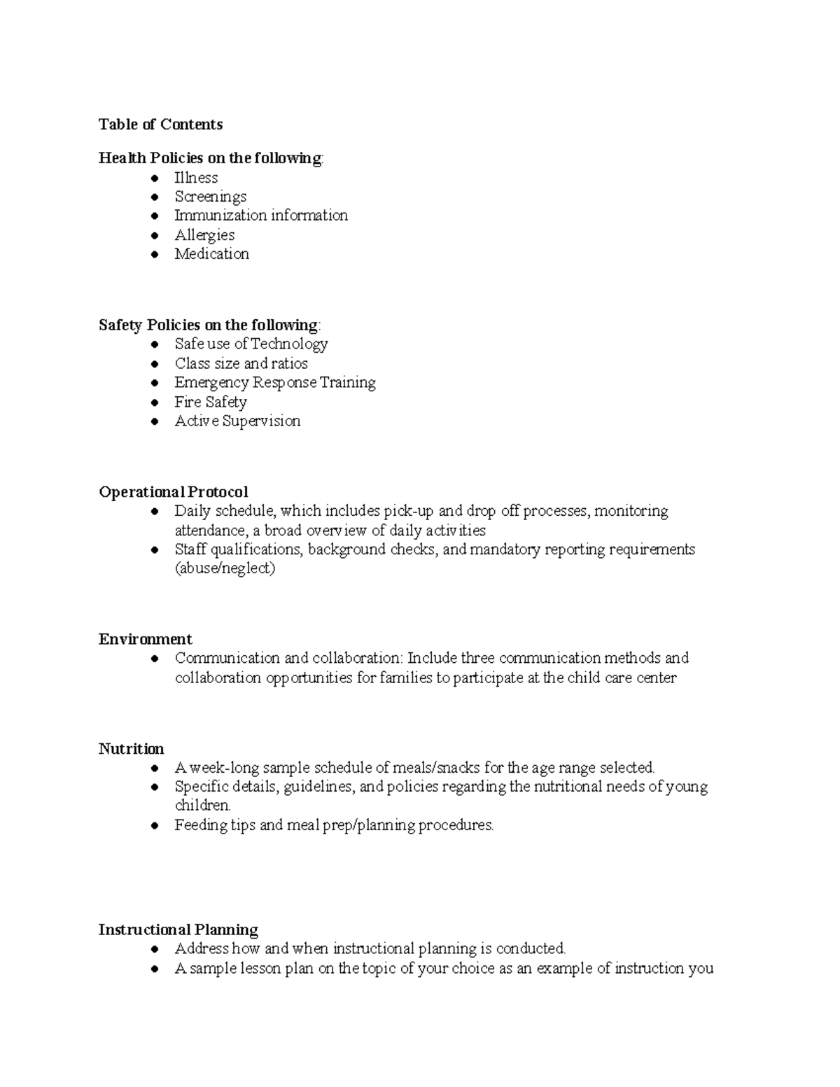 ECE-300 Benchmark Daycare Plan - Table of Contents Health Policies on ...