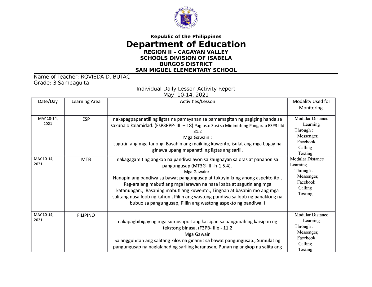 Individual Week 7 Idlar Republic Of The Philippines Department Of Education Region Ii 