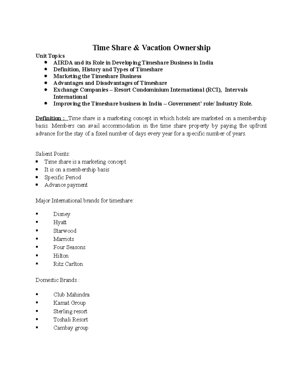 Time Share notes Time Share & Vacation Ownership Unit Topics AIRDA