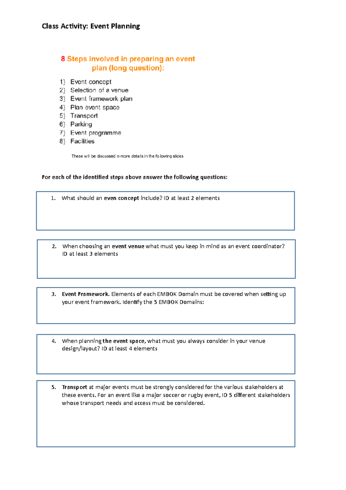 Event Planning and Coordinating class activity - Class Activity: Event ...