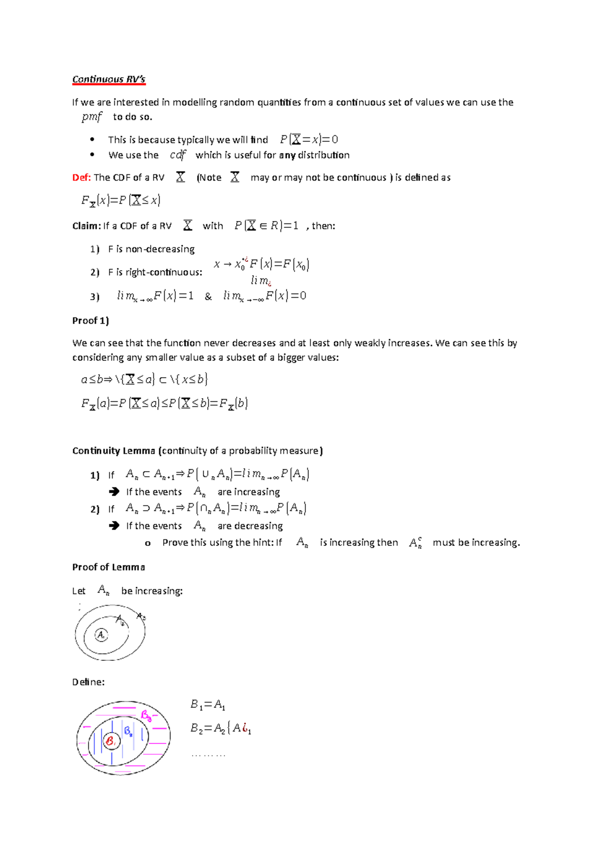Continuous RV - Lecture notes 18,19,20 - Coninuous RV’s If we are ...