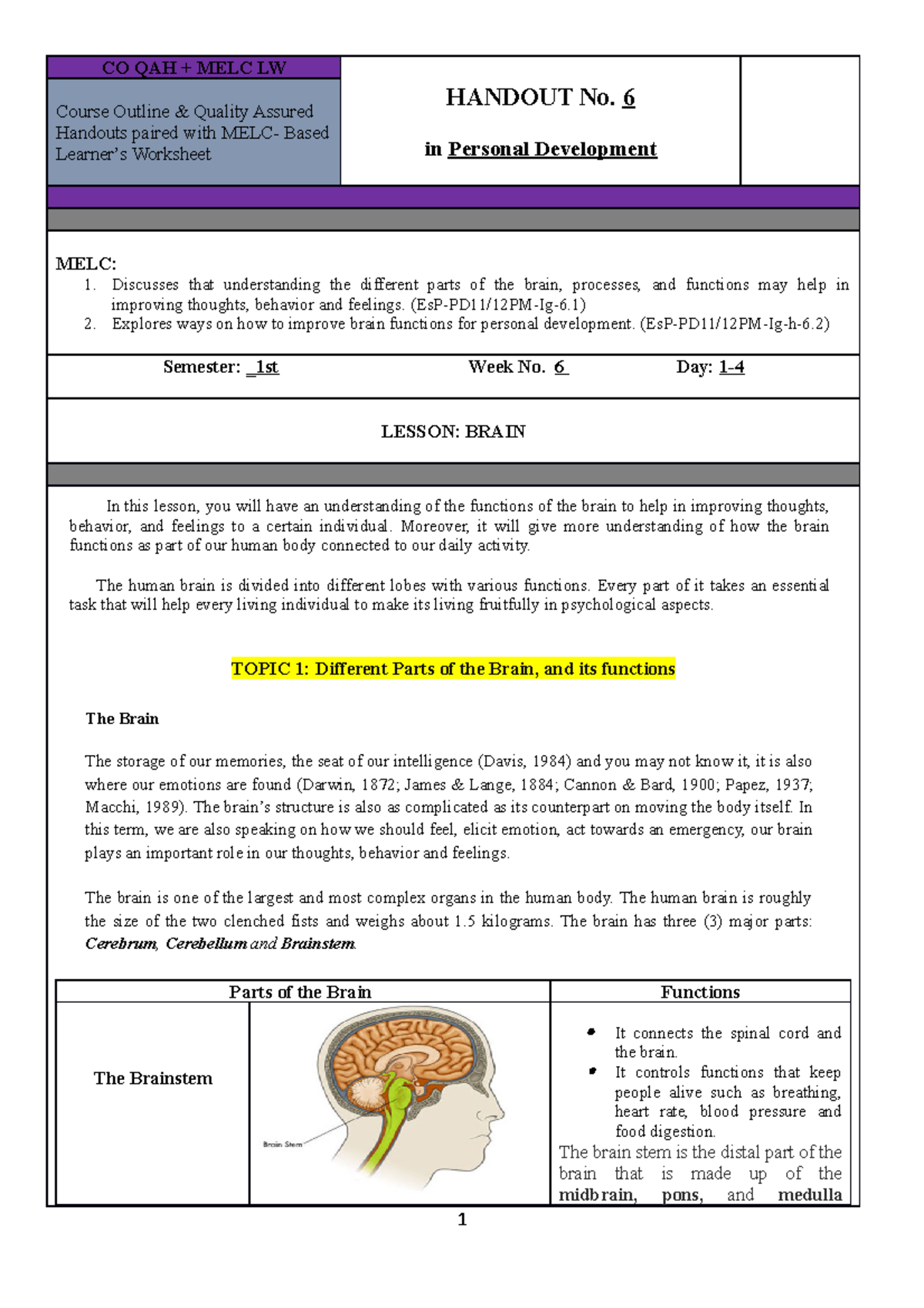 Perdev-WEEK 6-handouts - CO QAH + MELC LW HANDOUT No. 6 In Personal ...