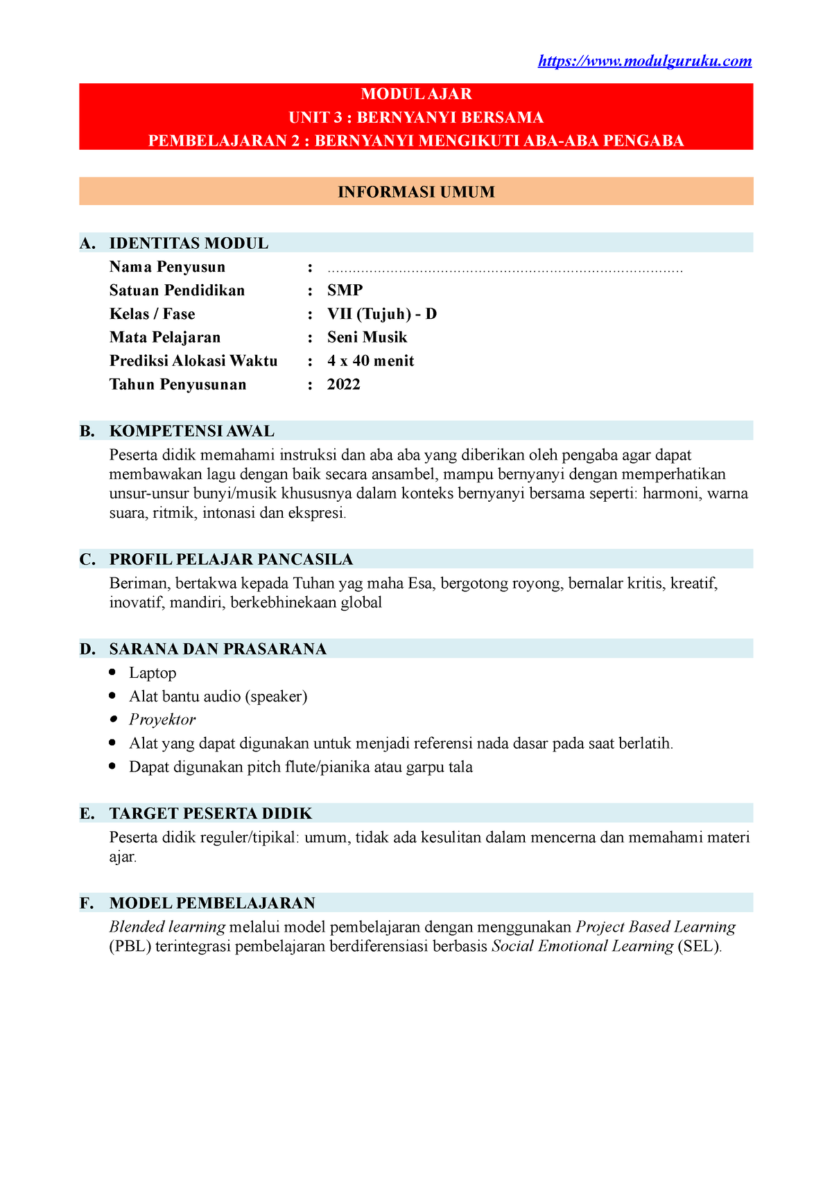 Modul Ajar Kelas 7 SMP Seni Musik Unit 3 Pb 2 - MODUL AJAR UNIT 3 ...