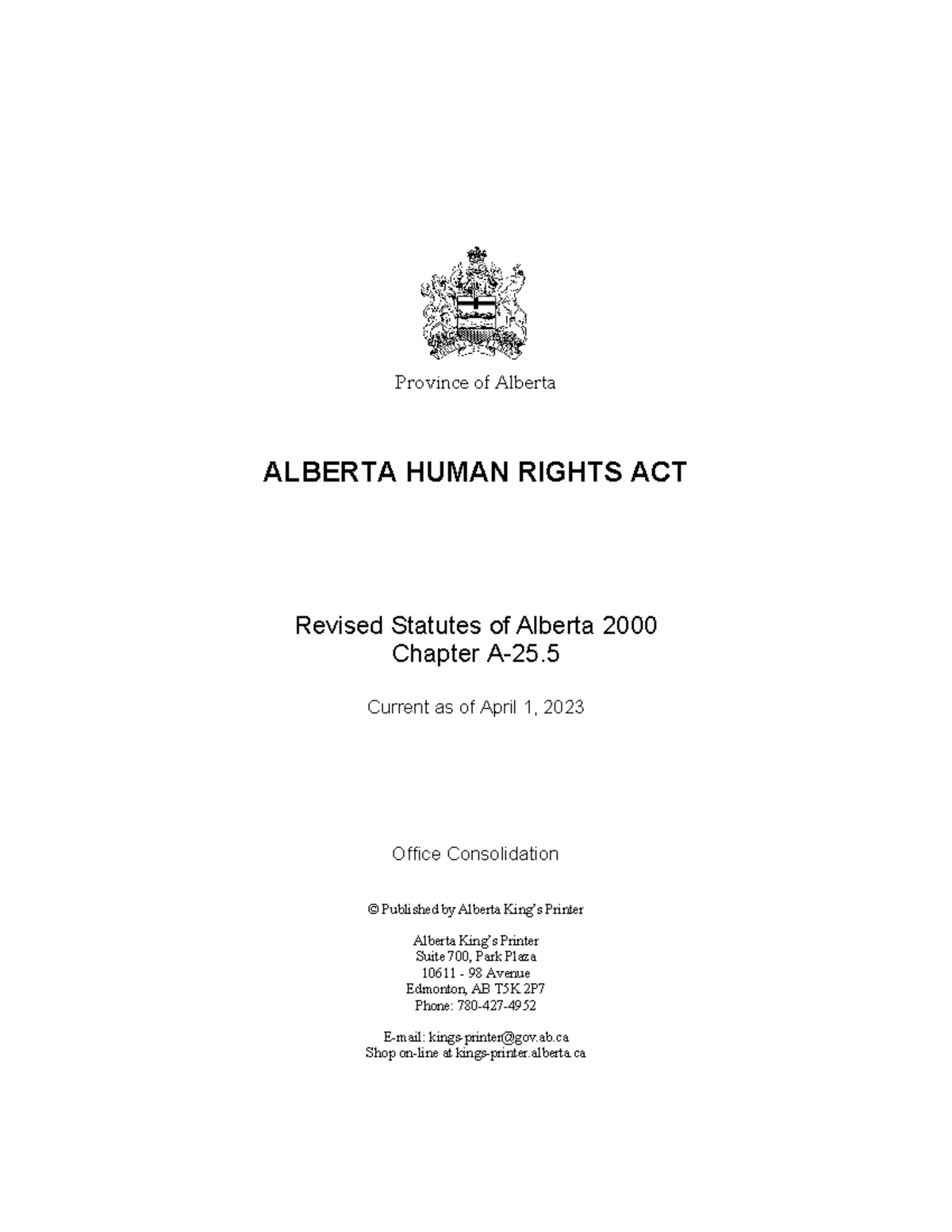 Alberta human rights act - © Published by Alberta King’s Printer ...