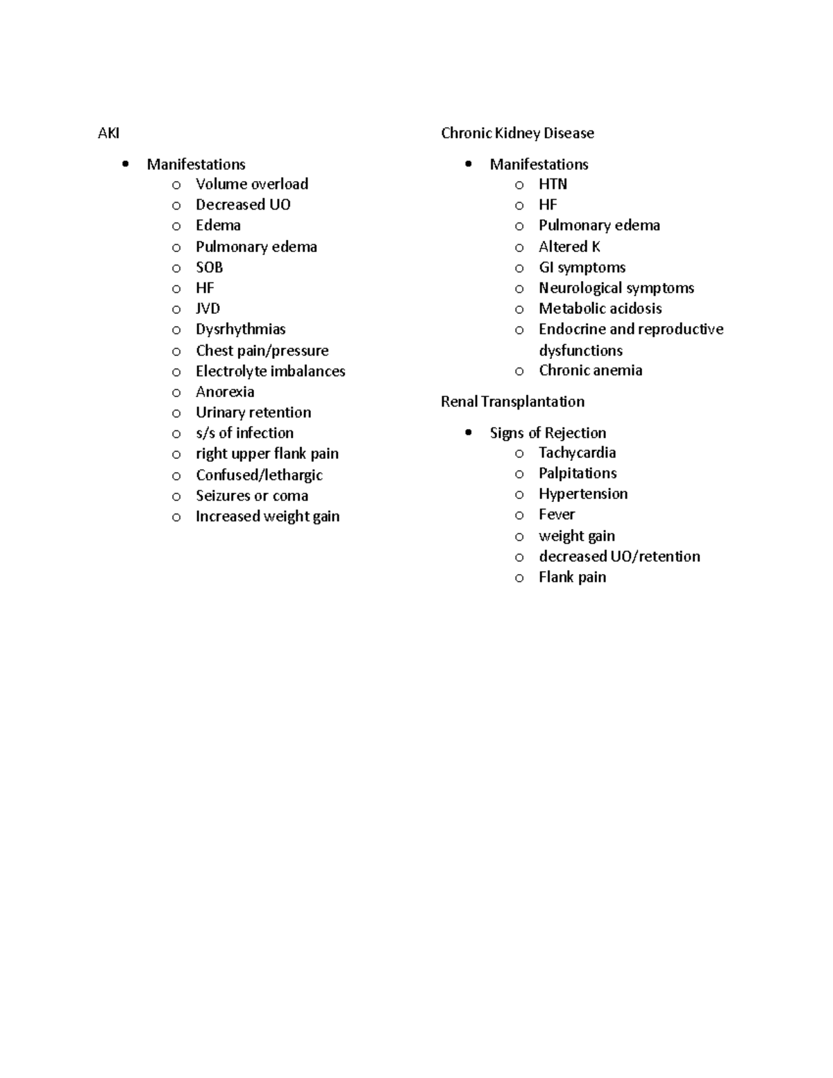 Study Guide Exam 5 - Lecture notes for exam 5 - AKI Manifestations o ...