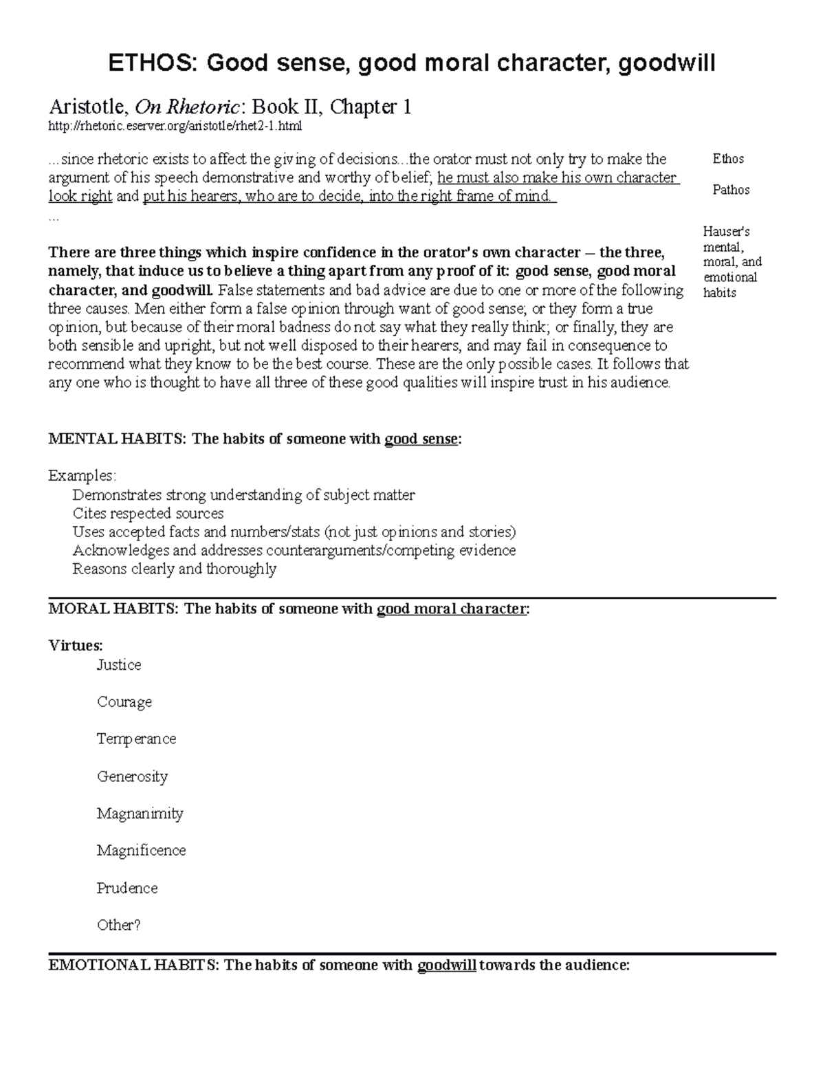 3070 Ethos - 3 habits handout - ETHOS: Good sense, good moral character ...