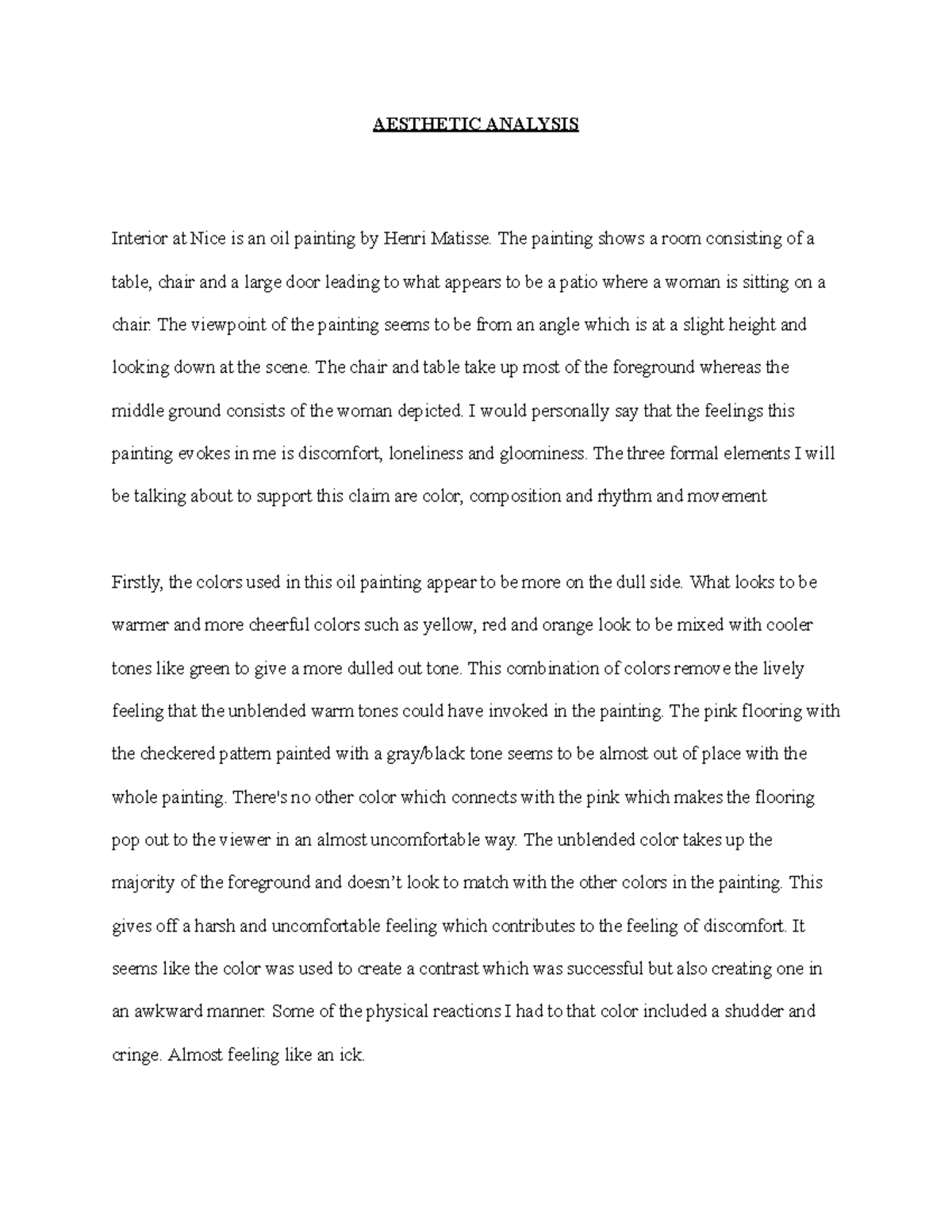 Aesthetic Analysis AESTHETIC ANALYSIS Interior at Nice is an oil