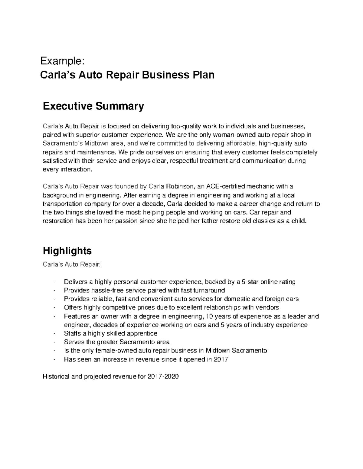 Businessplan Example Carla’s Auto Repair Business Plan Executive
