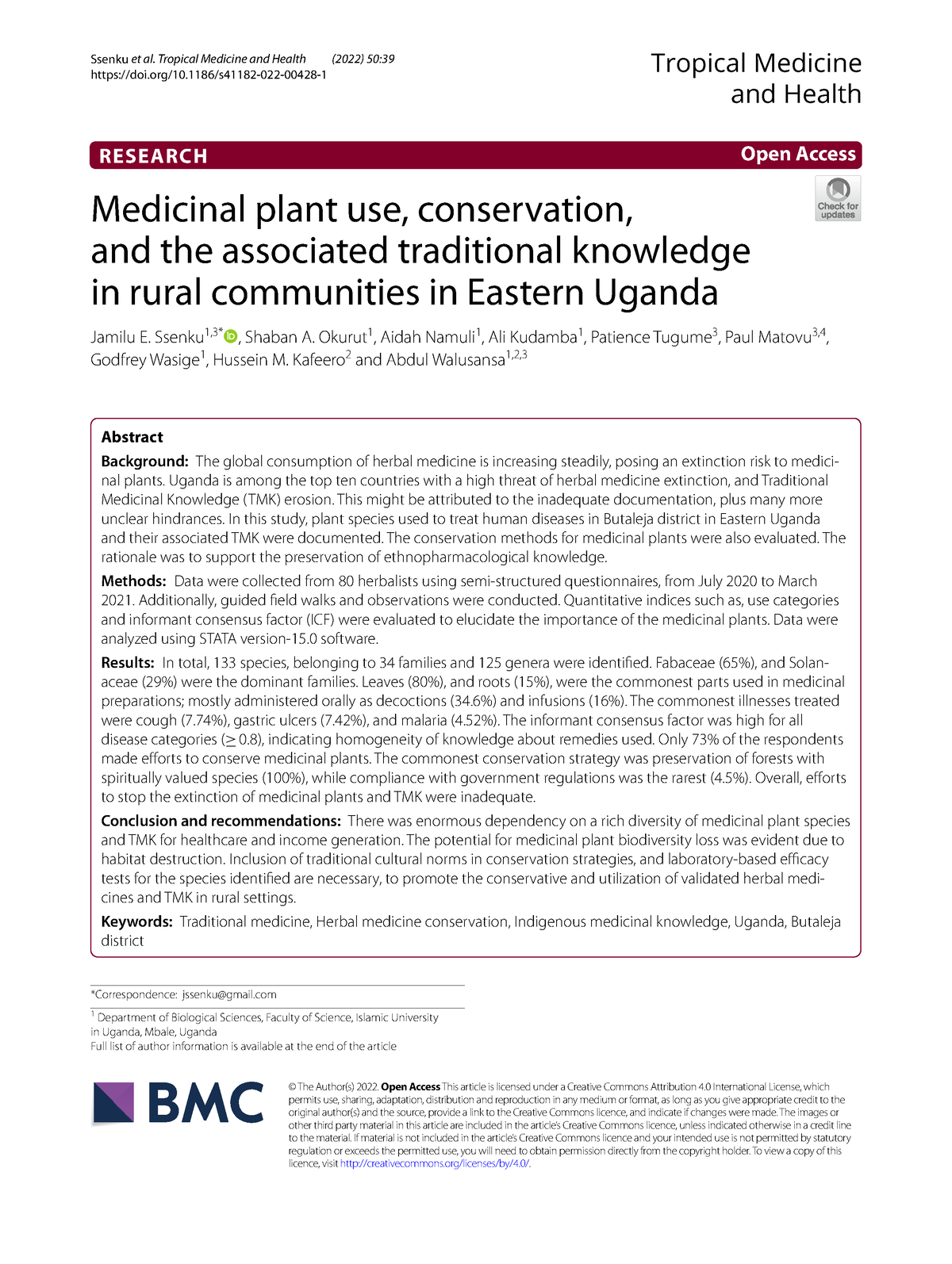 Medicinal Plant Use Conservation And The Associate - Ssenku Et Al ...