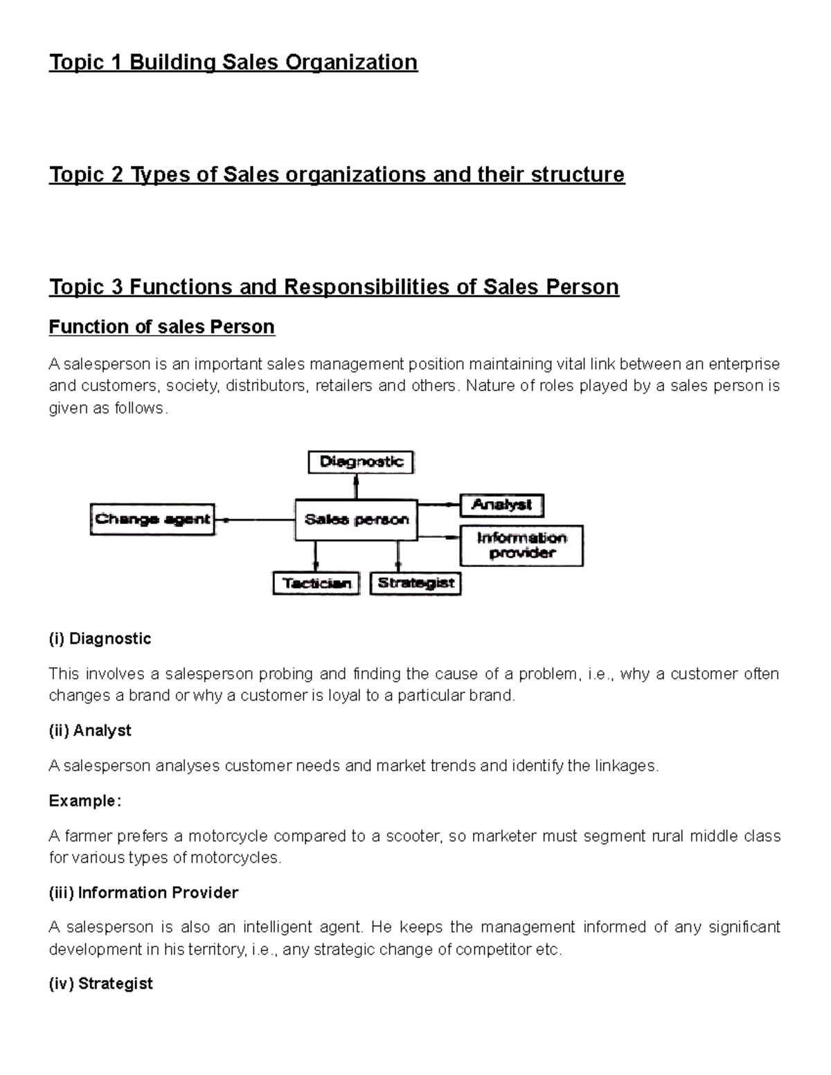 UNIT 2 Lecture notes 1 Topic 1 Building Sales Organization Topic 2