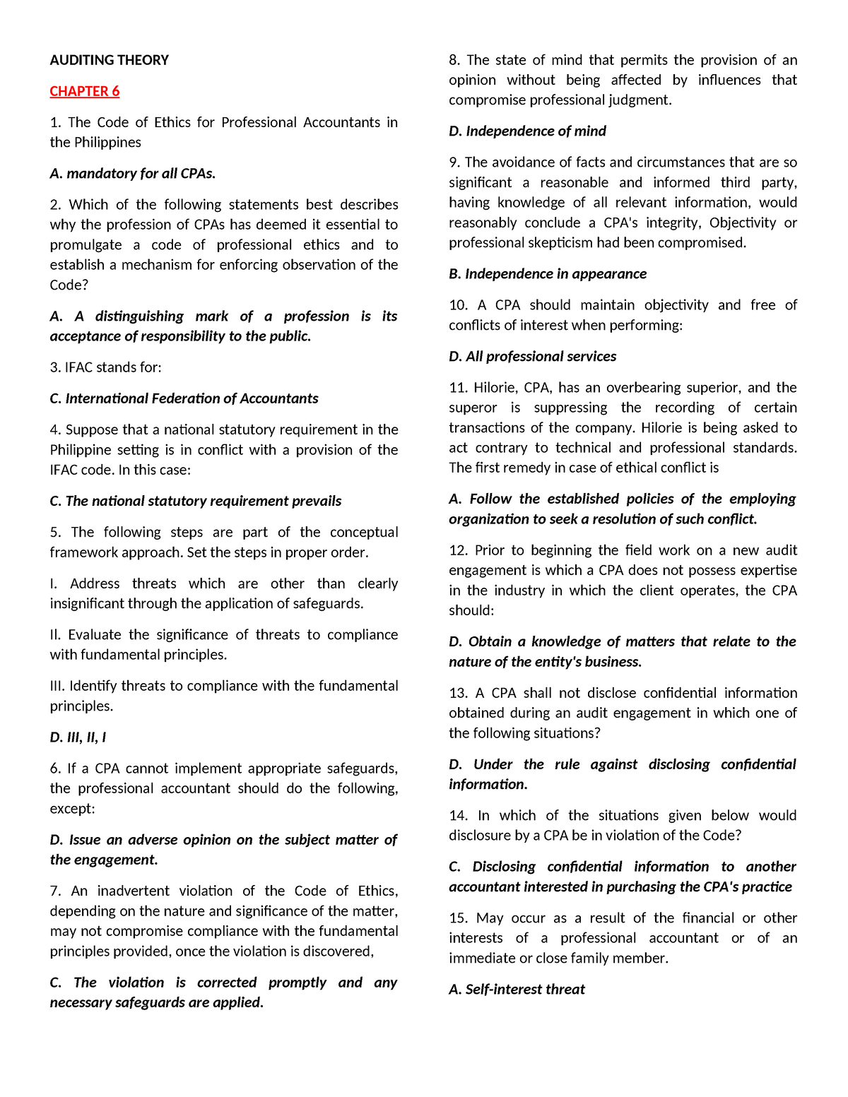 Auditing Theory - Multiple Choice Questions - AUDITING THEORY CHAPTER 6 ...