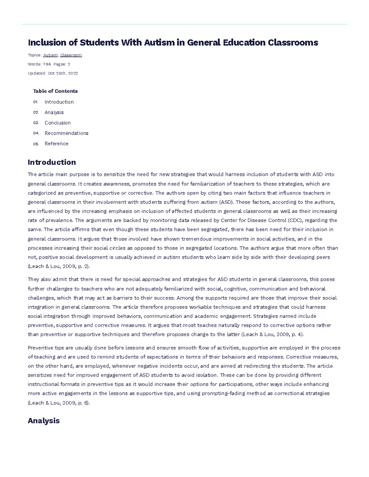 Inclusion of Students with Autism in General Education Classrooms Free ...