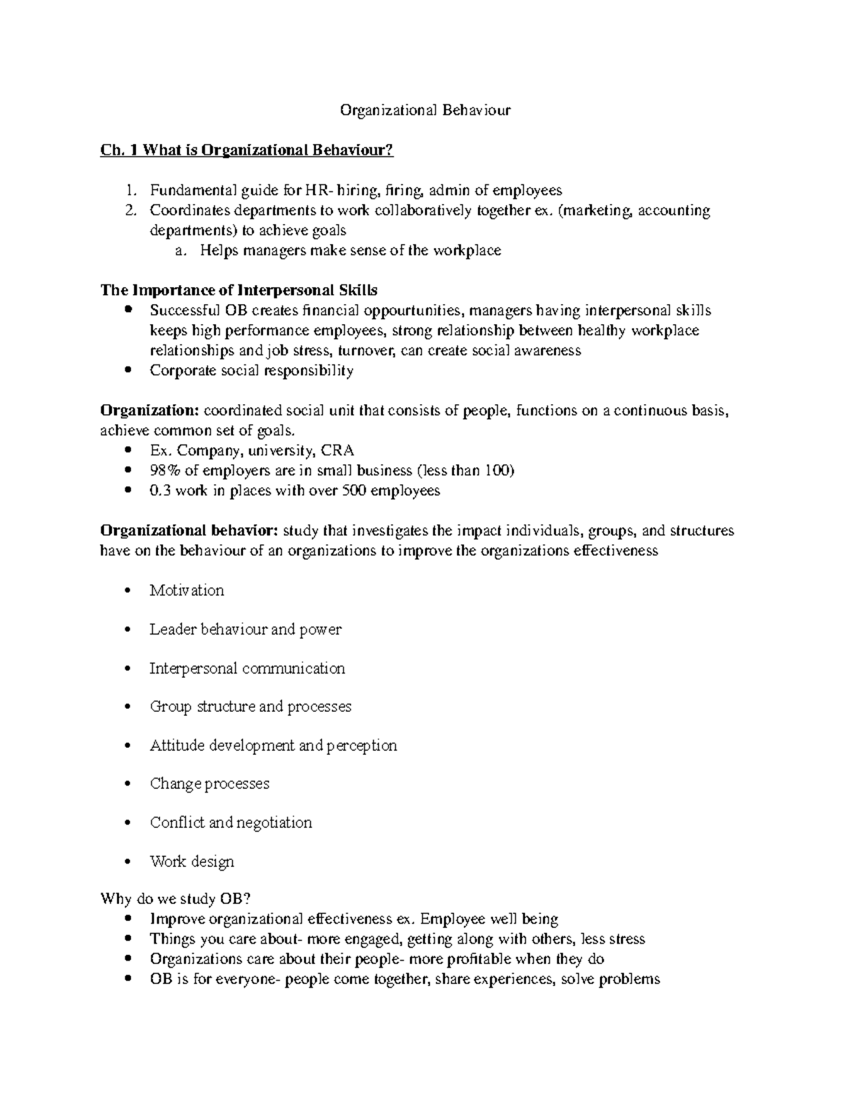 Chapters 1-3 notes - textbook and lectures - Organizational Behaviour ...