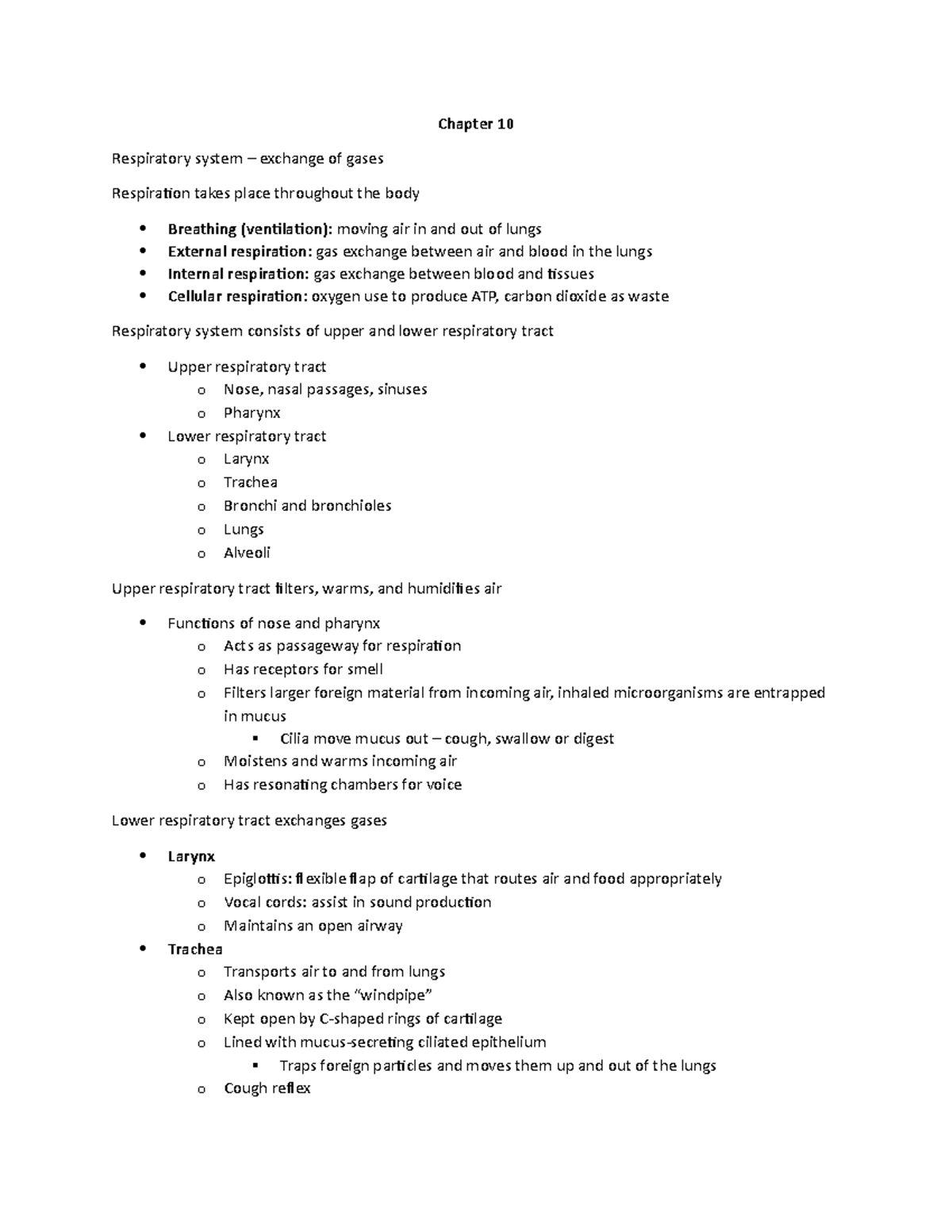 Chapter 10 Lecture notes cht 10 Chapter 10 Respiratory system