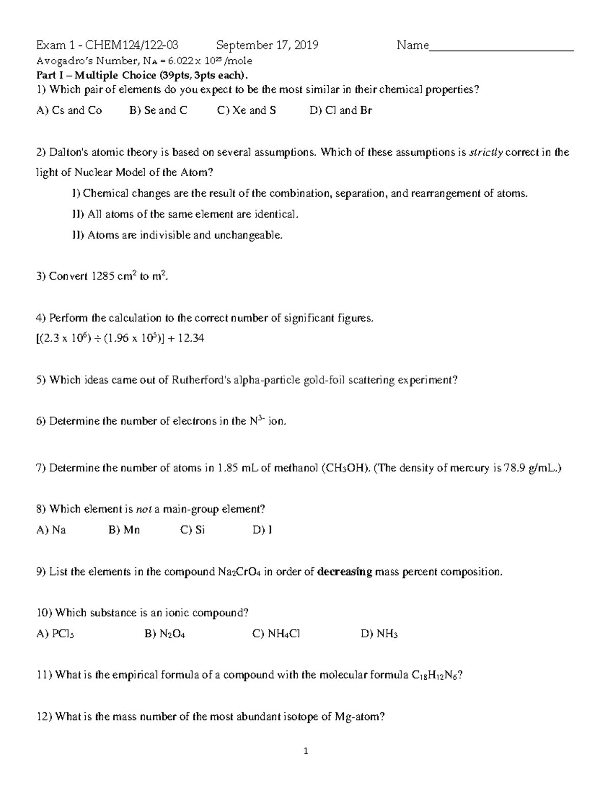 Exam 1 sample exam - Avogadro’s Number, NA = 6 x 10 23 /mole Part I ...