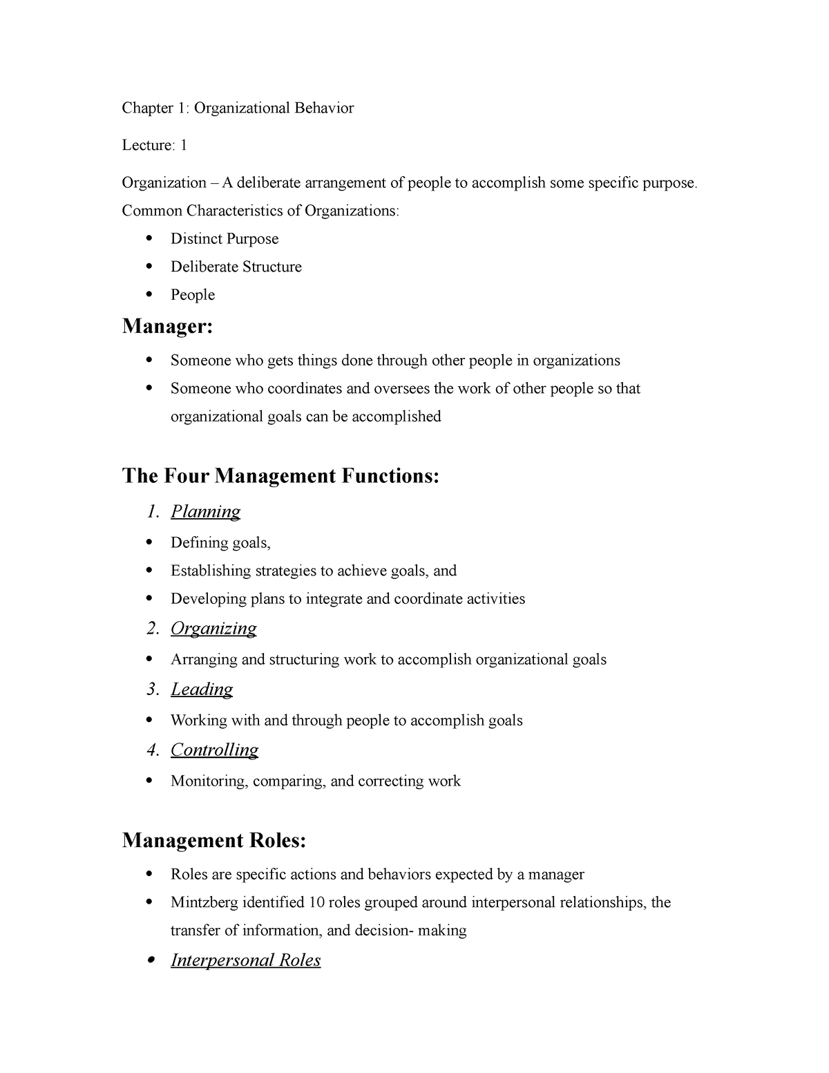 Lec 1 OB - Some Lecture Notes About Chapter 1 Of The Organizational ...