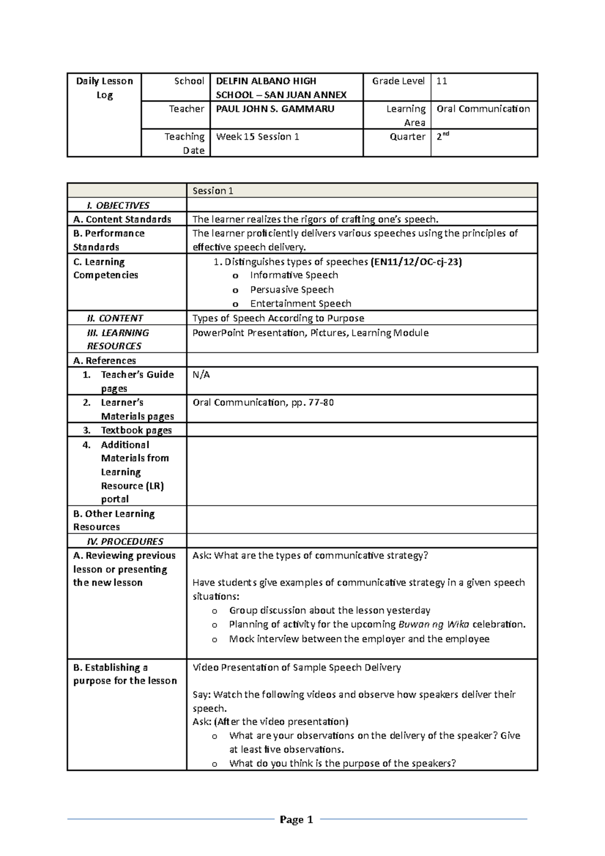 DLL-COT Oral Communication 1st Qtr - Daily Lesson Log School DELFIN ...