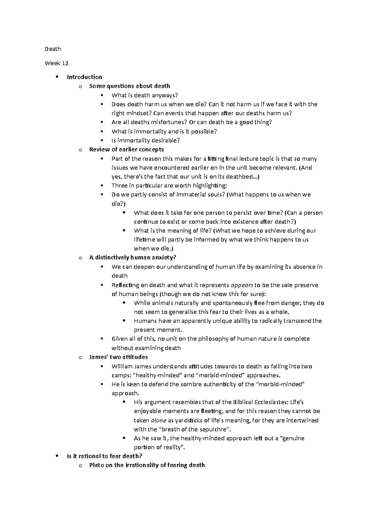 Death - Lecture notes 12 - Death Week 12 Introduction o Some questions ...