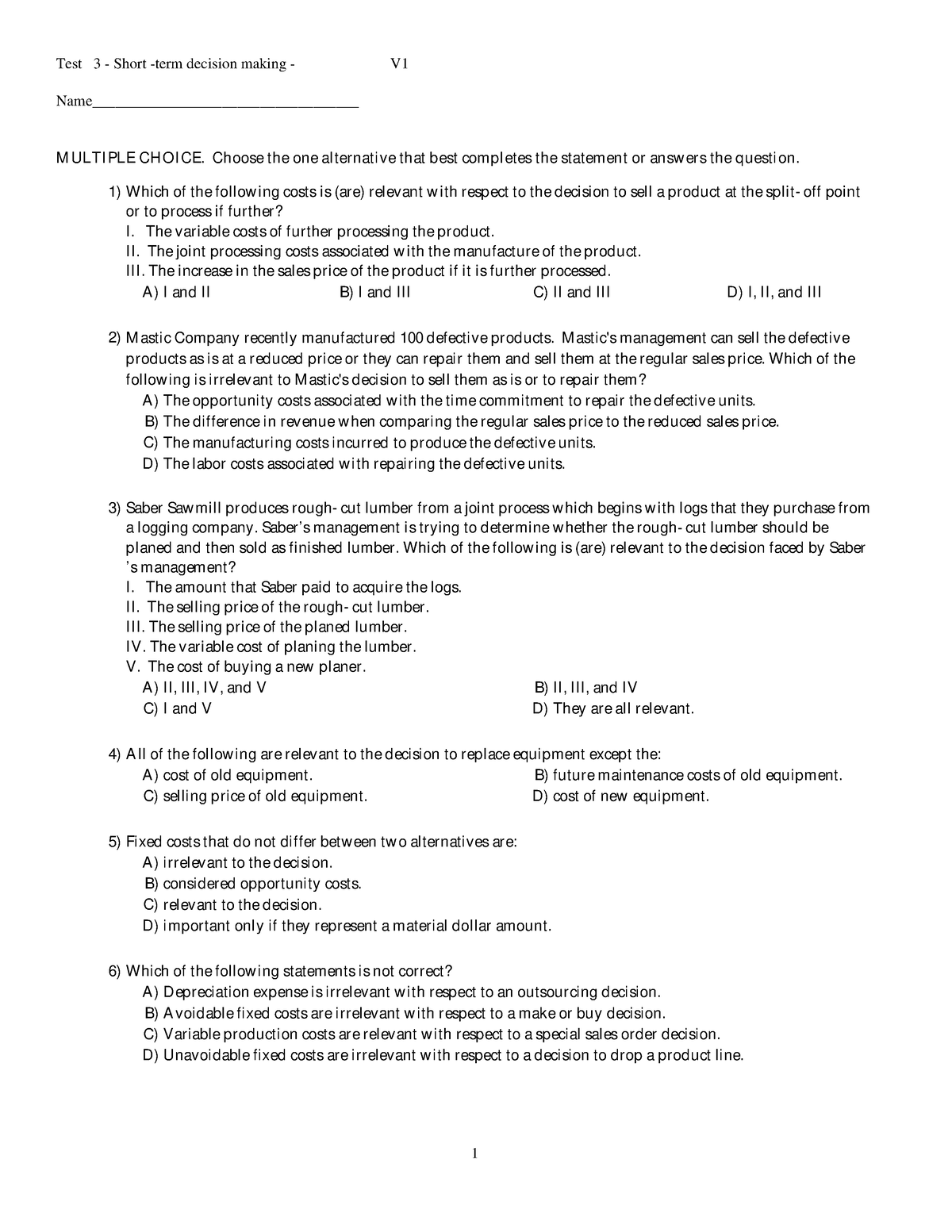 MCQs - Relevant information for decision making - Test 3 - Short -term ...