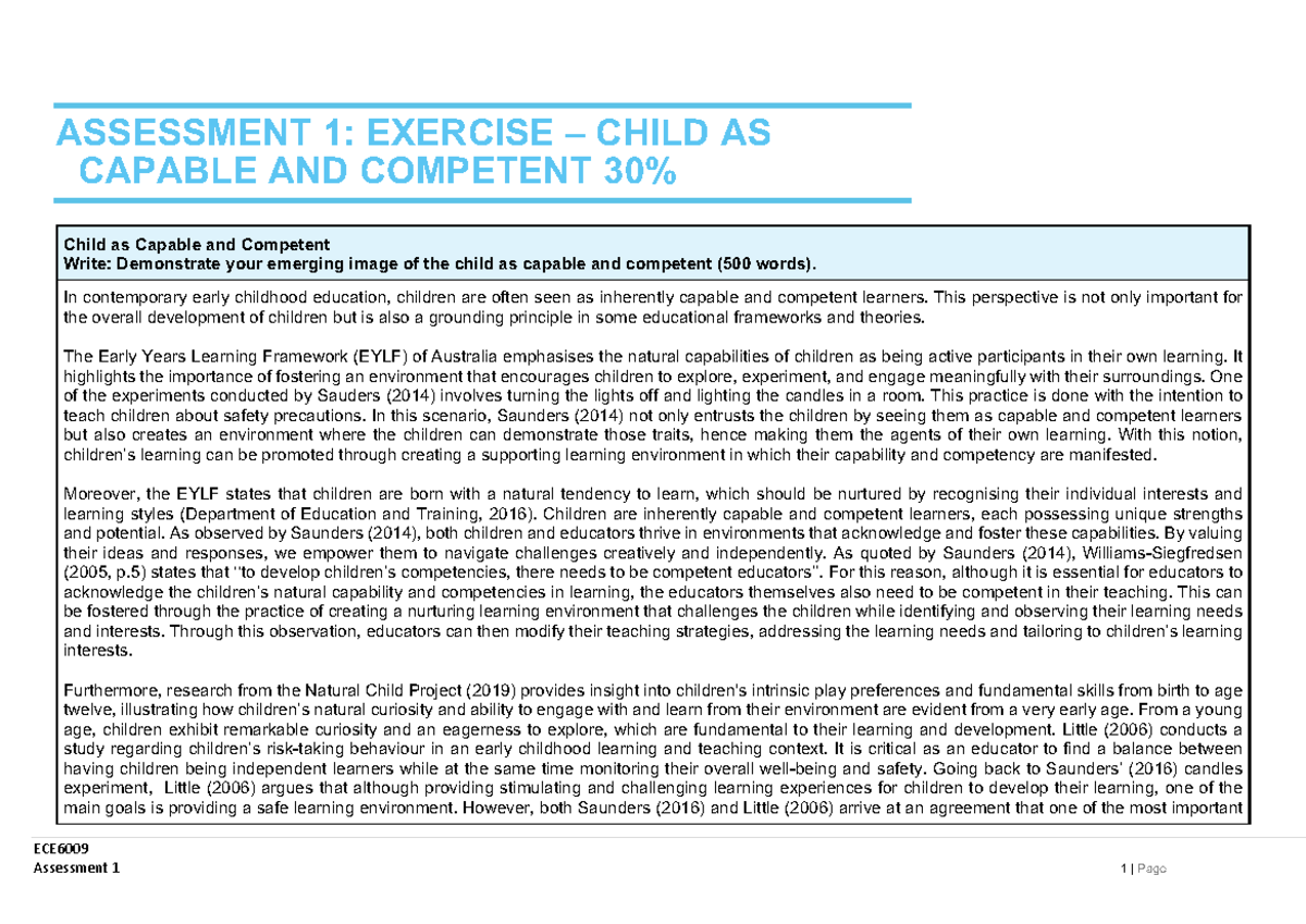 ECE6009 Assessment 1 - ECE ASSESSMENT 1: EXERCISE – CHILD AS CAPABLE ...