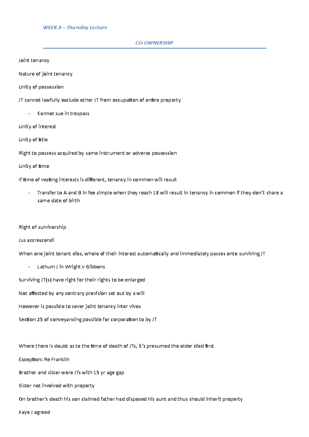 Week 8 - lecture notes - WEEK 8 – Thursday Lecture CO-OWNERSHIP Joint ...