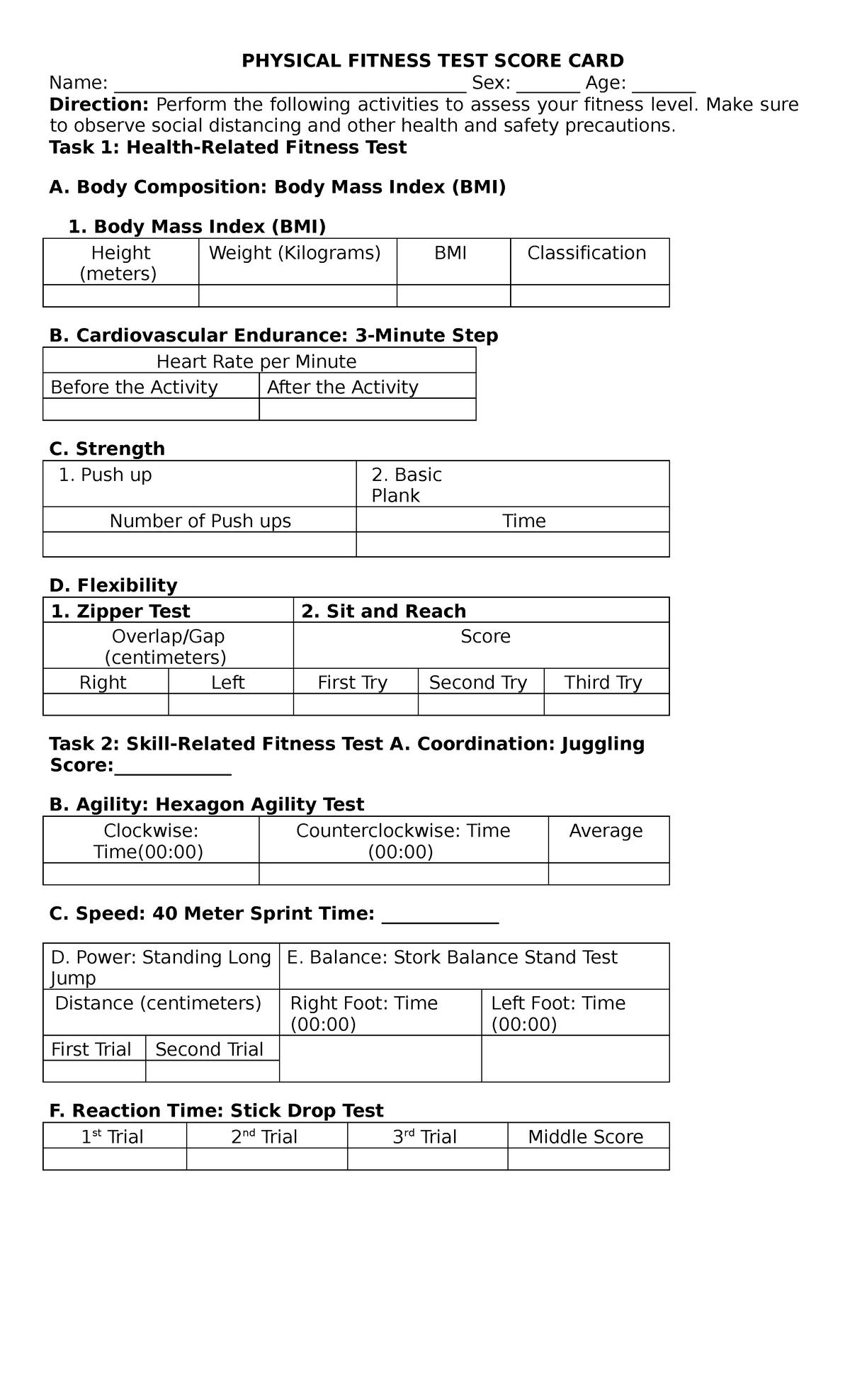 Physical Fitness TEST Score CARD Science Technology And Society