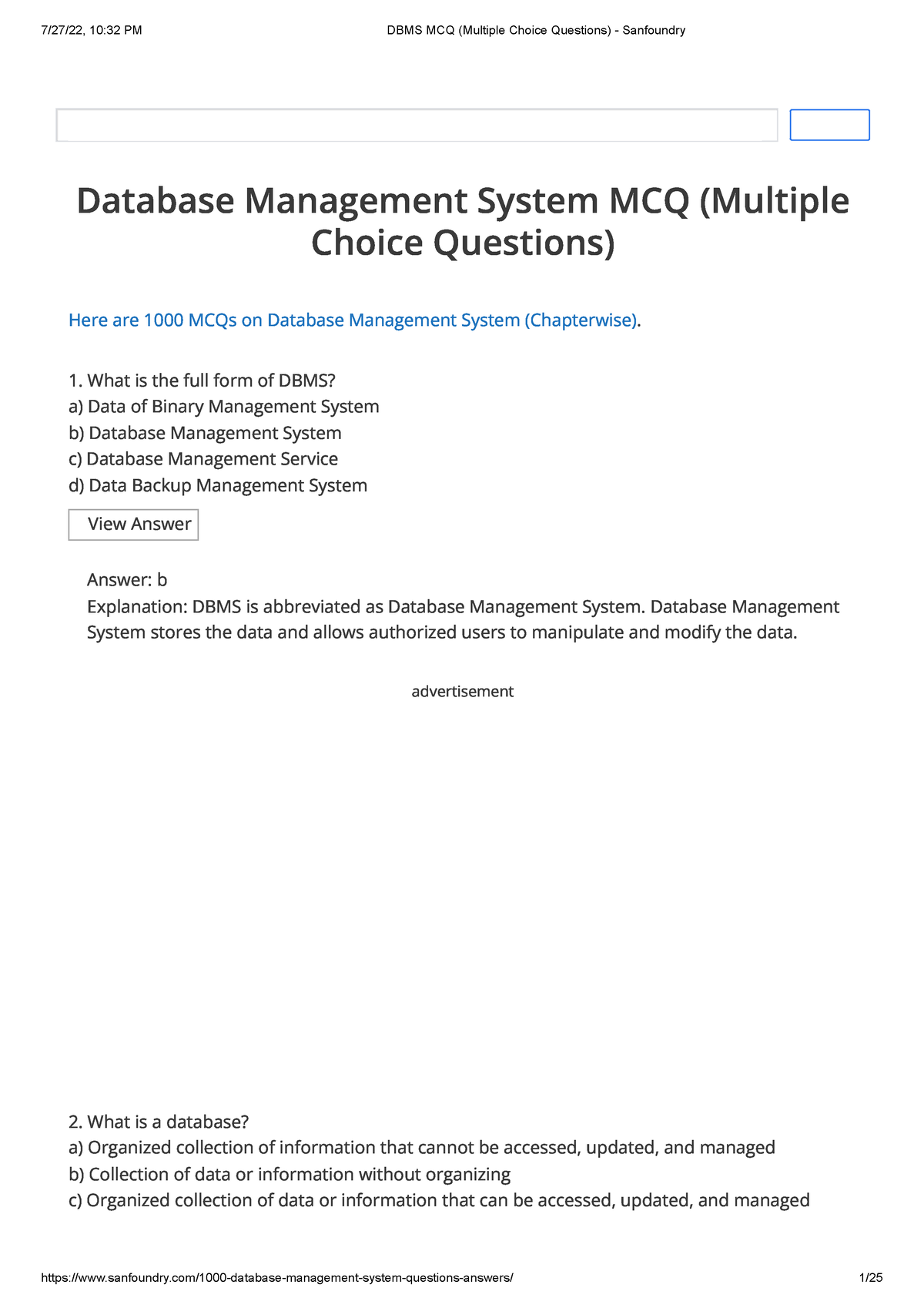 DBMS MCQ (Multiple Choice Questions) - Sanfoundry - Database Management ...