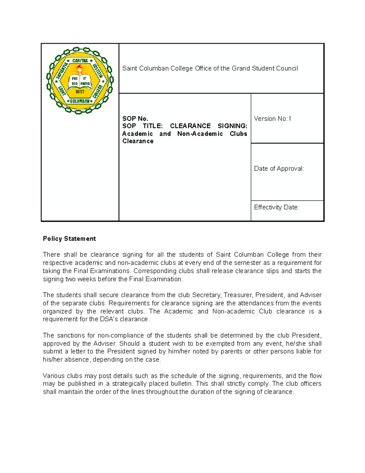 Clearance Signing Academic and NonAcademic Clubs Saint Columban