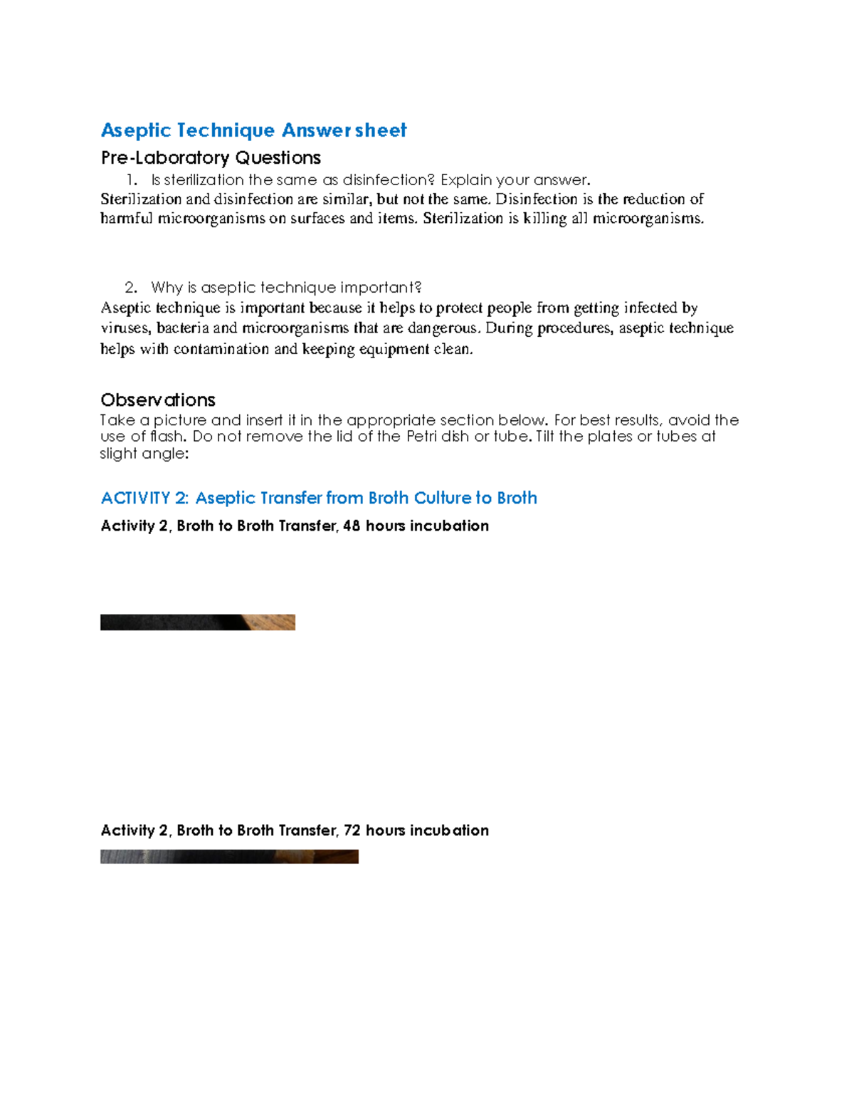 Aseptic Technique Answer sheet Aseptic Technique Answer sheet Pre