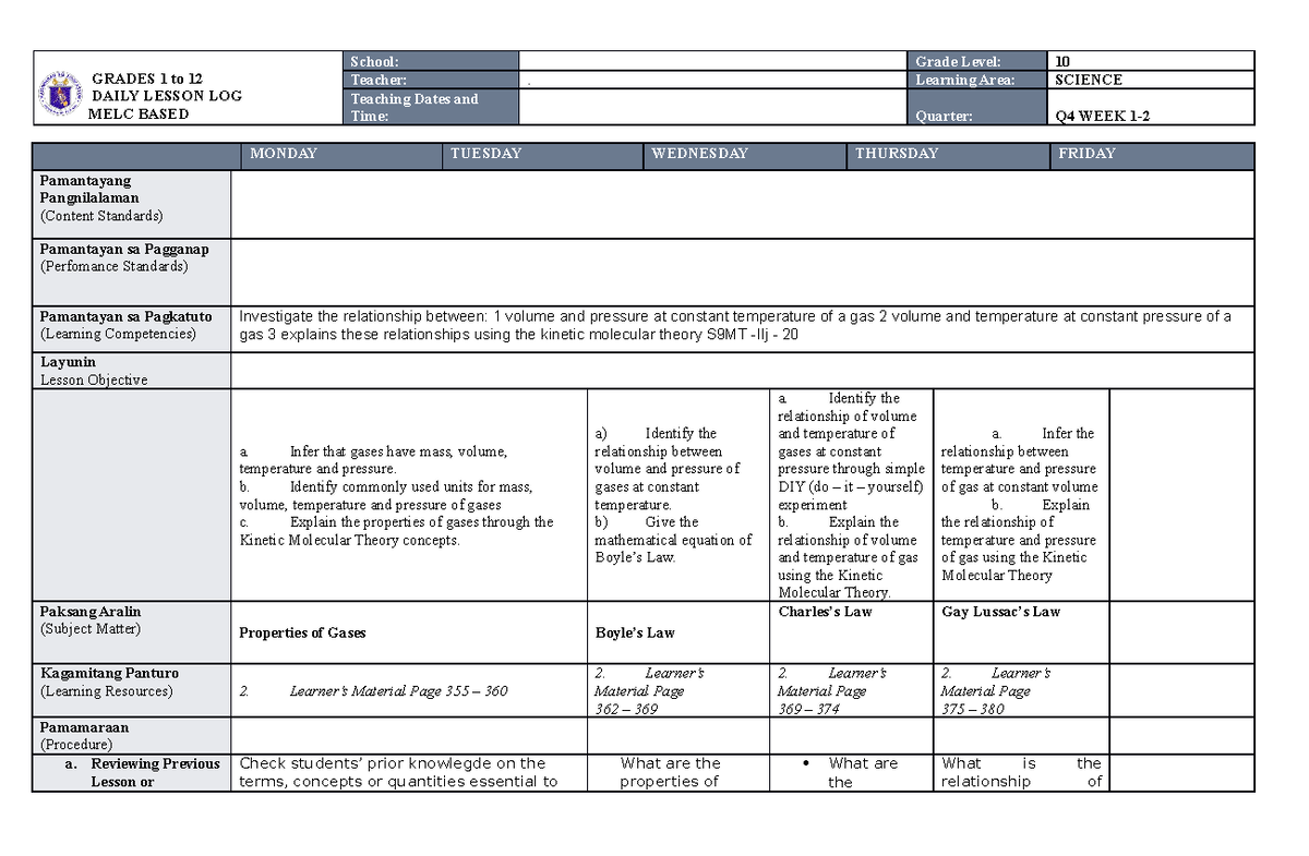 MELC DLL SCI 10 WEEK 1-2 Q4 - GRADES 1 to 12 DAILY LESSON LOG MELC ...