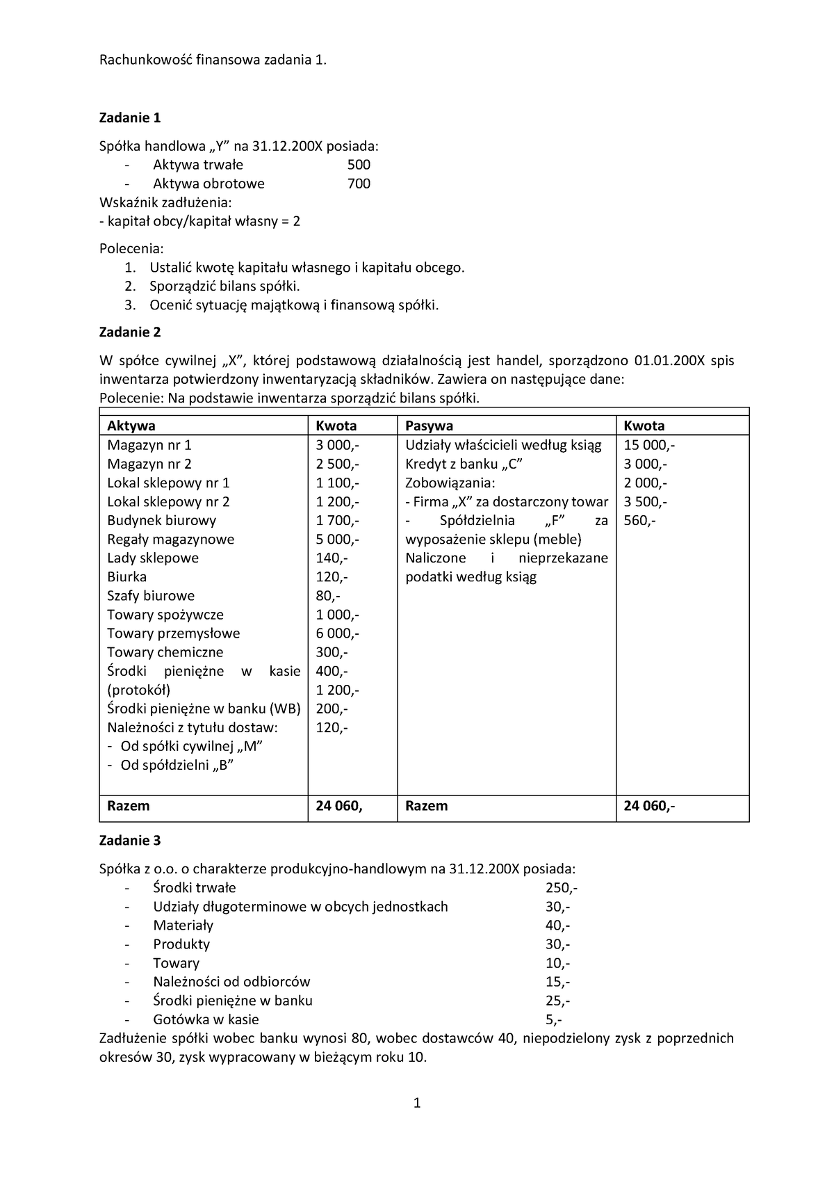 Rachunkowość Finansowa Zadania 23-1 - Zadanie 1 Spółka Handlowa „Y” Na ...