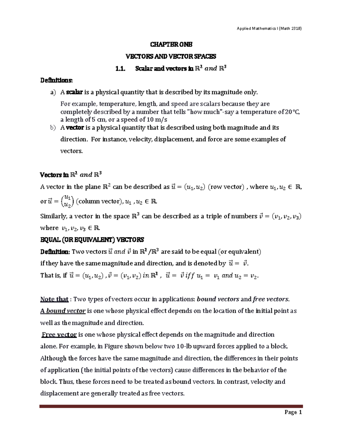 Chapter 1 - It's good pp - CHAPTER ONE VECTORS AND VECTOR SPACES Scalar ...